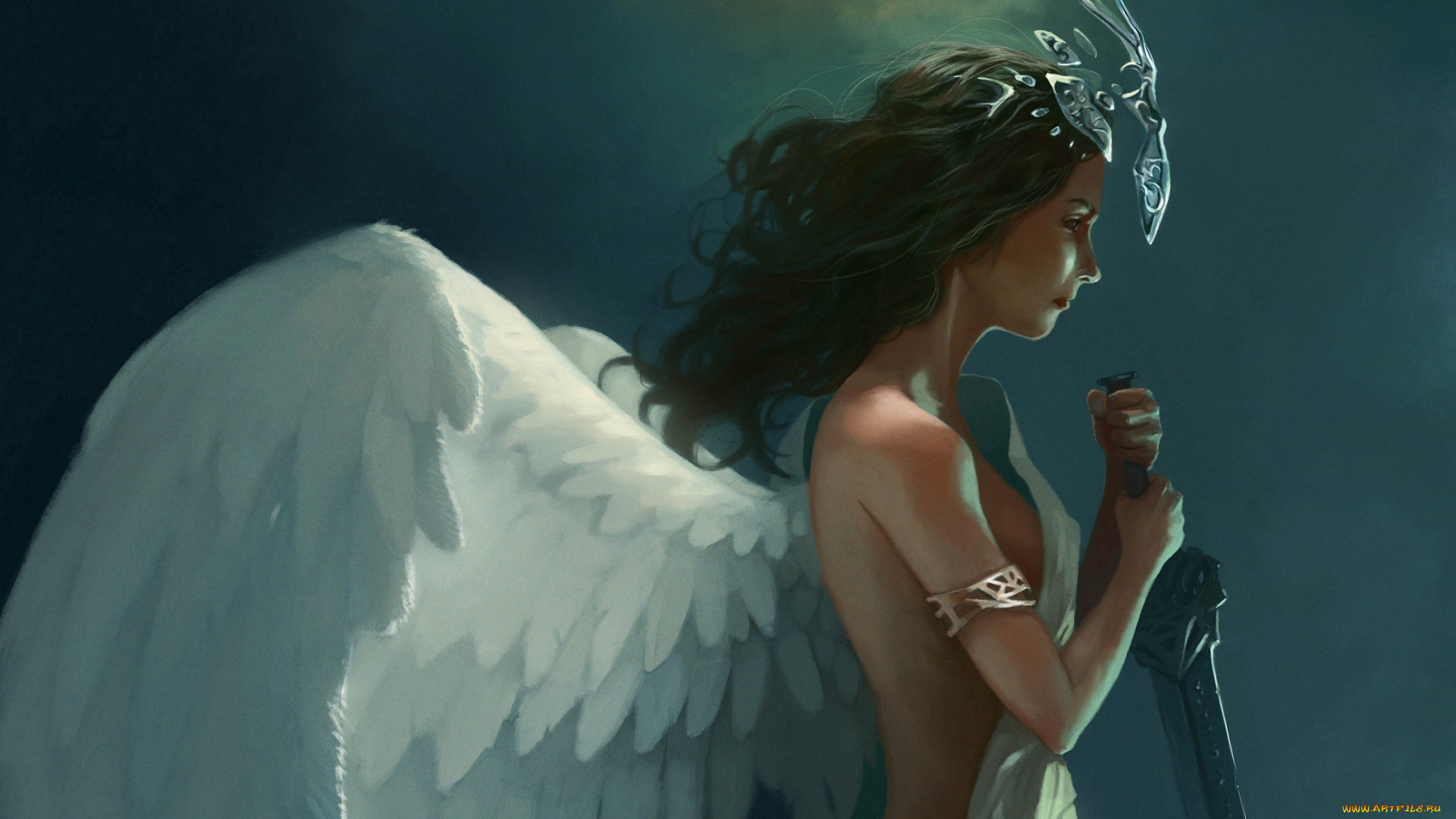 фэнтези, ангелы, девушка, ангел, крылья, нимб, меч, ткань, браслет, корона