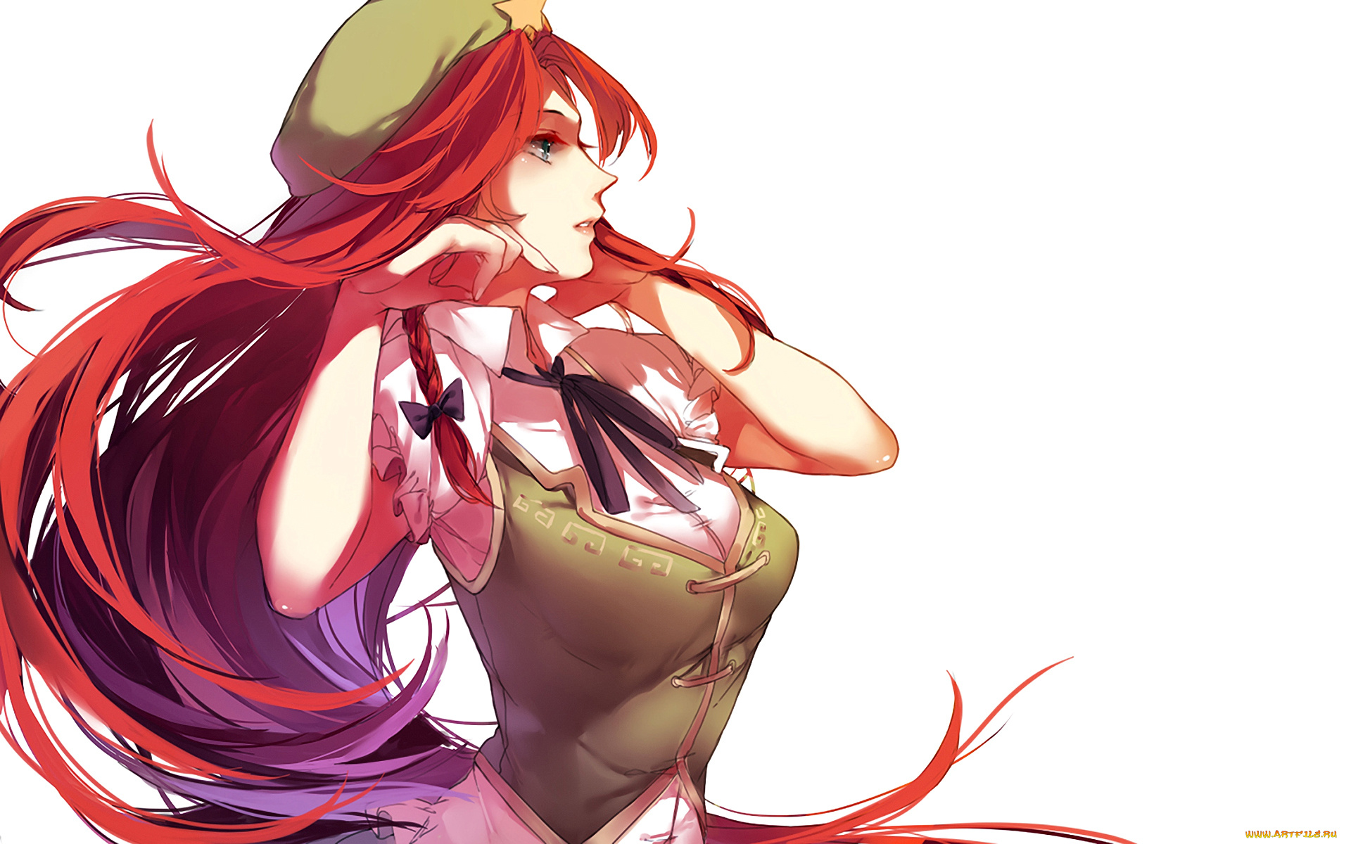 аниме, touhou, белый, фон, красные, волосы, девушка, art, hong, meiling, yourhug, hug