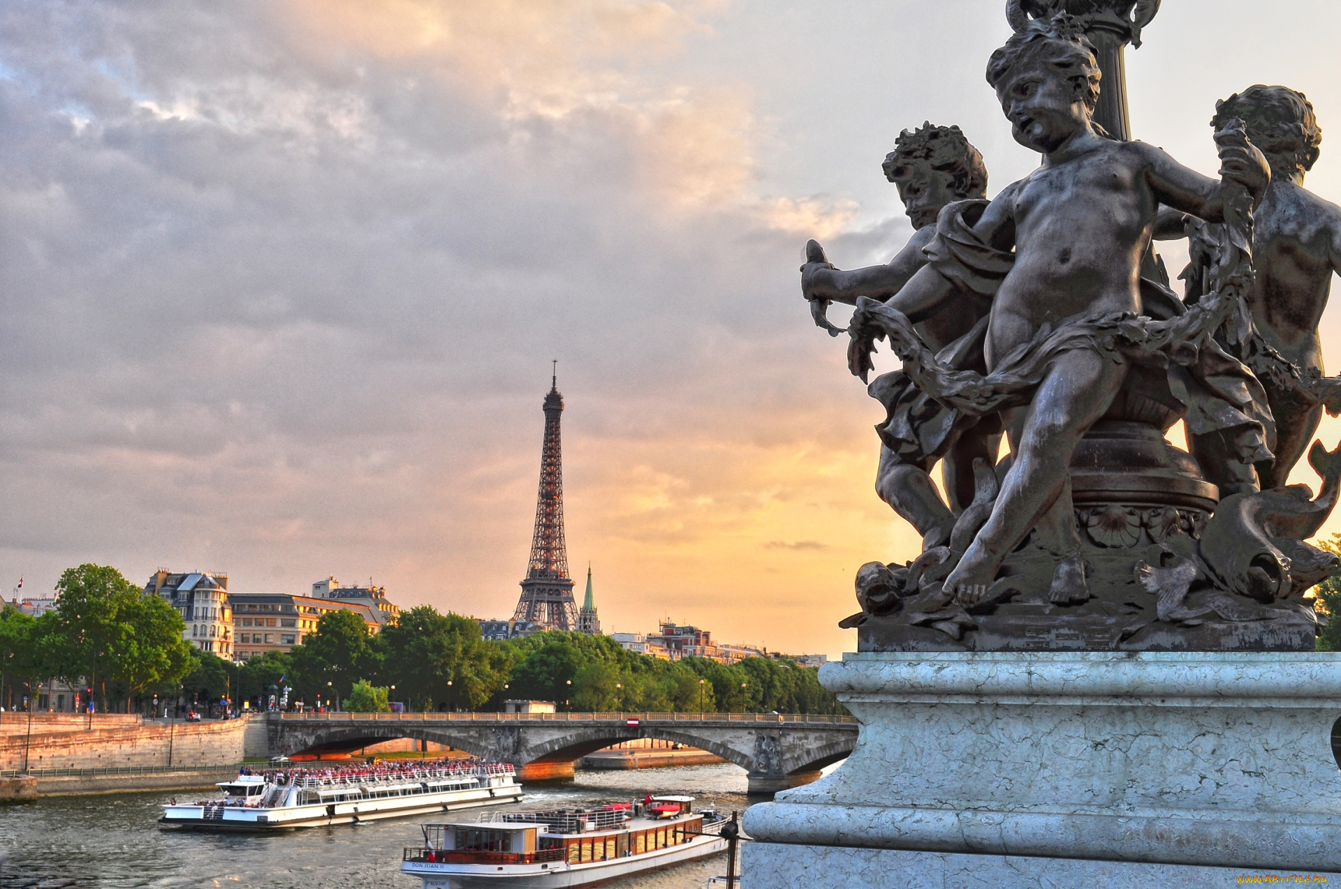 города, париж, , франция, башня, река, скульптуры
