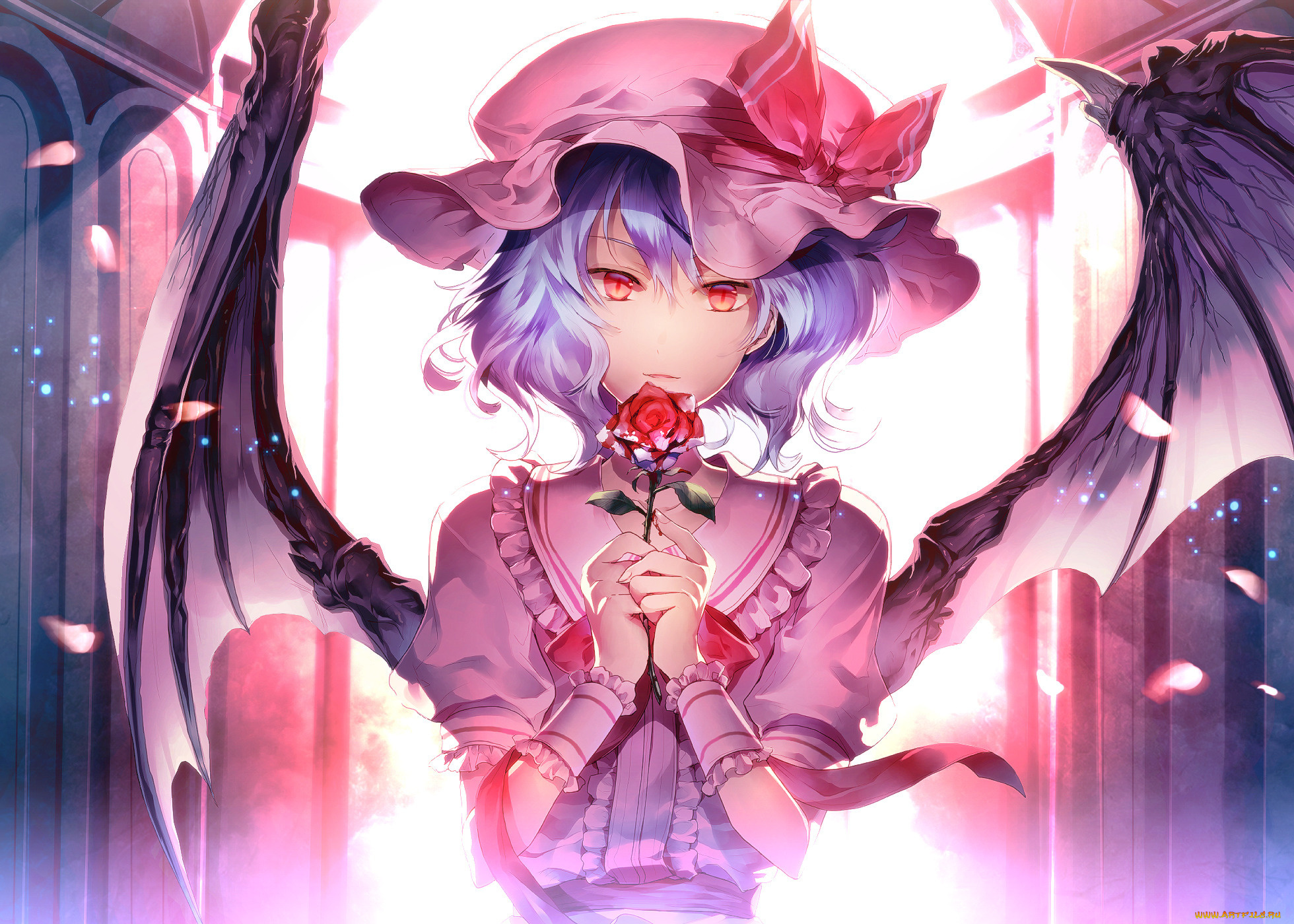 аниме, touhou, лепестки, роза, цветок, демон, крылья, взгляд, remilia, scarlet, девушка, sunakumo, art, свет