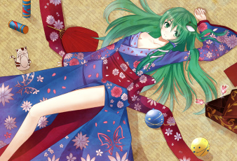 Картинка аниме touhou улыбка взгляд девушка kochiya sanae izumi art конфеты пол шарики веер кимоно лежит