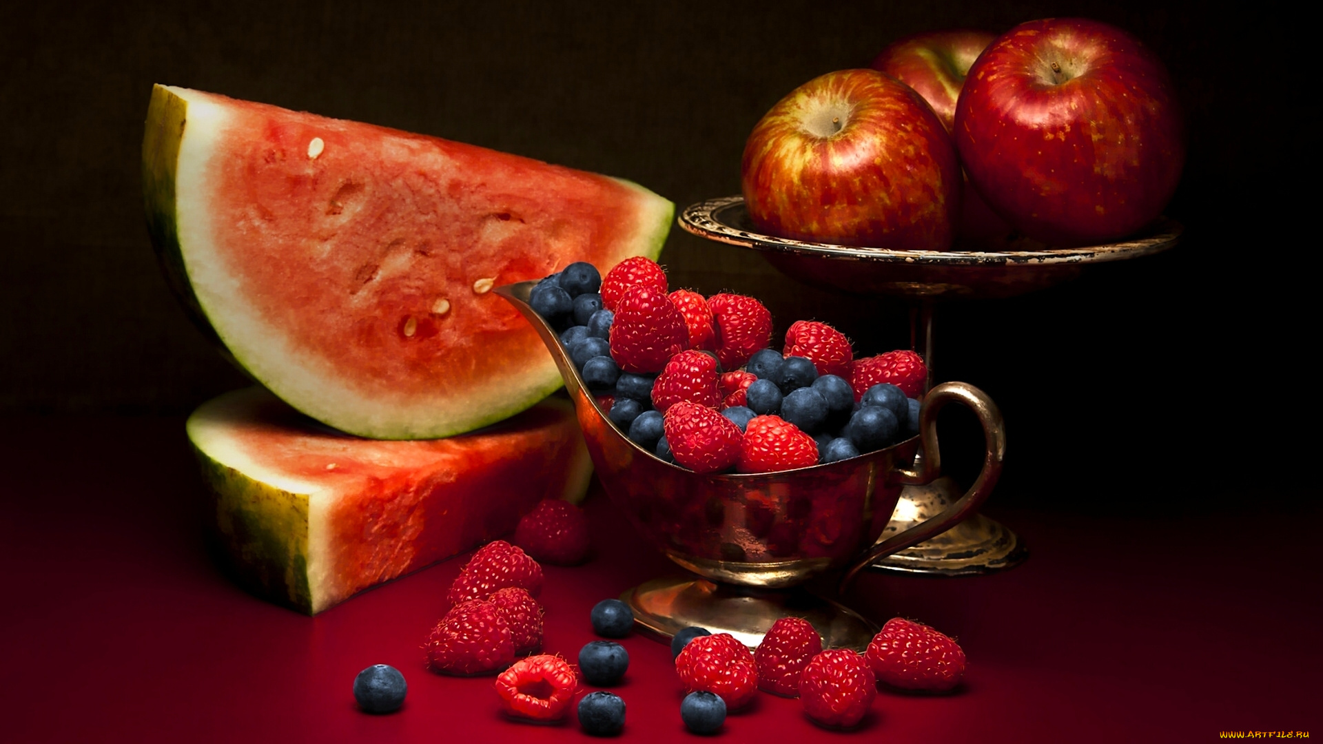 еда, фрукты, , ягоды, ягоды, натюрморт, голубика, малина, яблоки, арбуз
