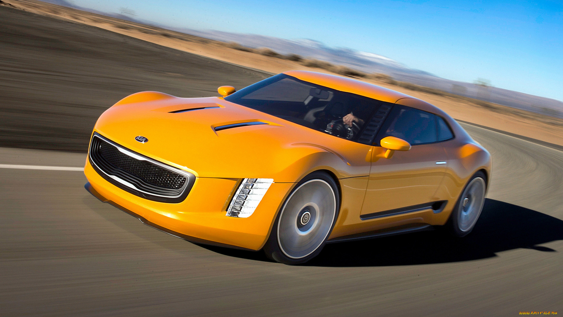 kia, gt4, stinger, concept, 2014, автомобили, kia, gt4, stinger, concept, 2014, жёлтый, дорога, движение