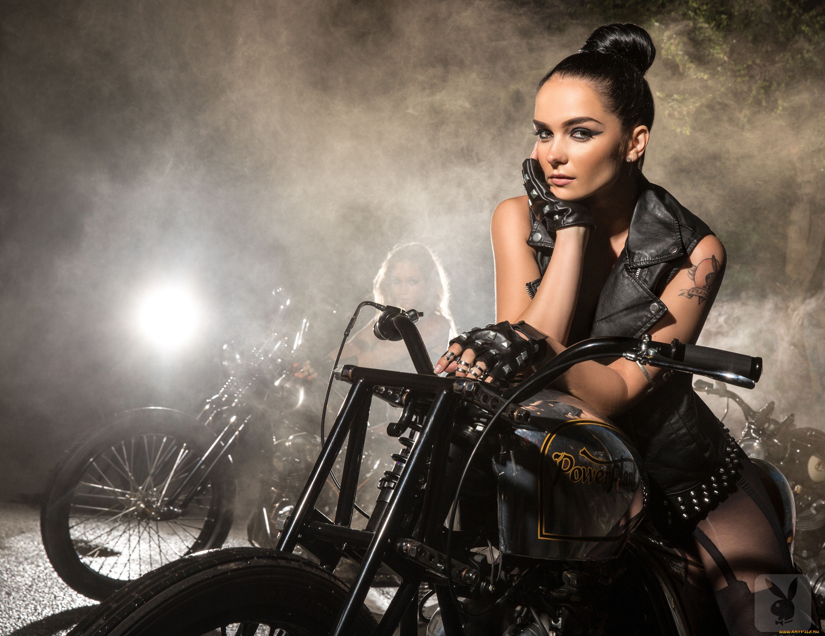 мотоциклы, мото, с, девушкой, татуировка, перчатки, куртка, туман, мотоцикл
