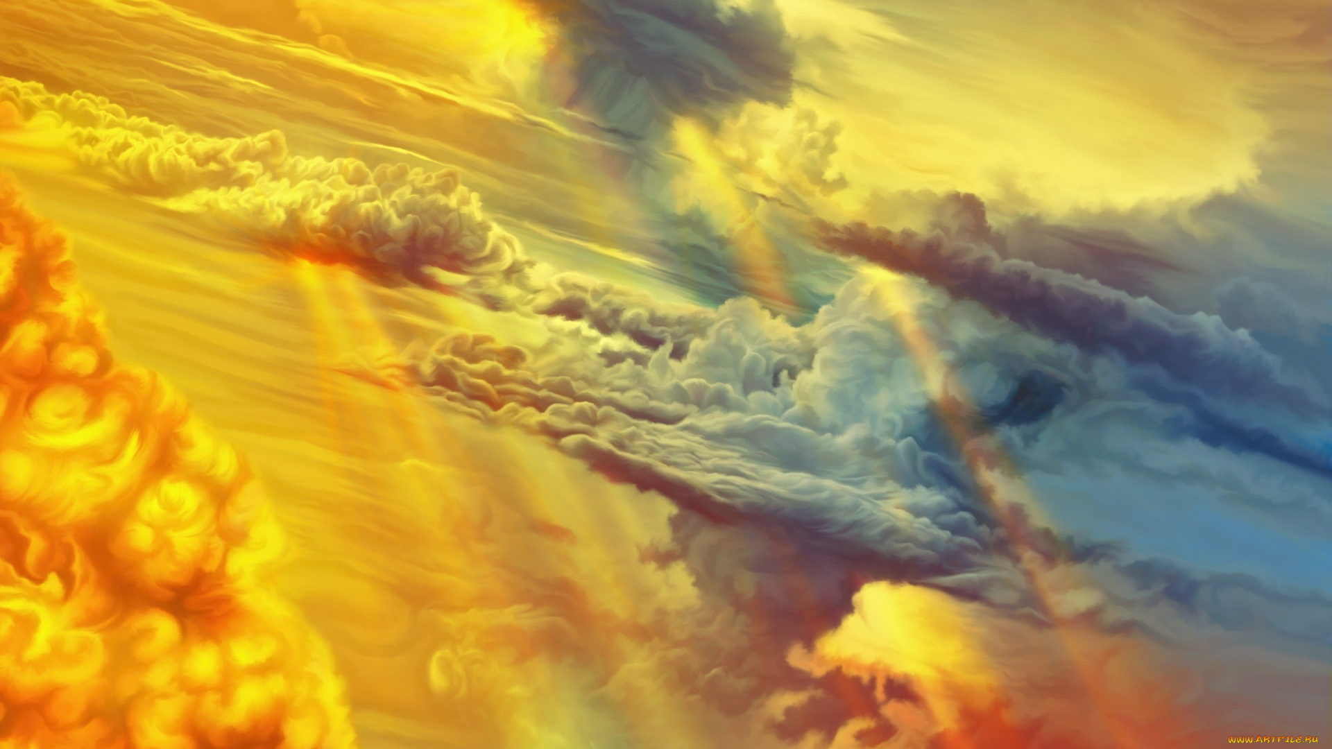 рисованное, природа, облака, закат, небо, by, exobiology
