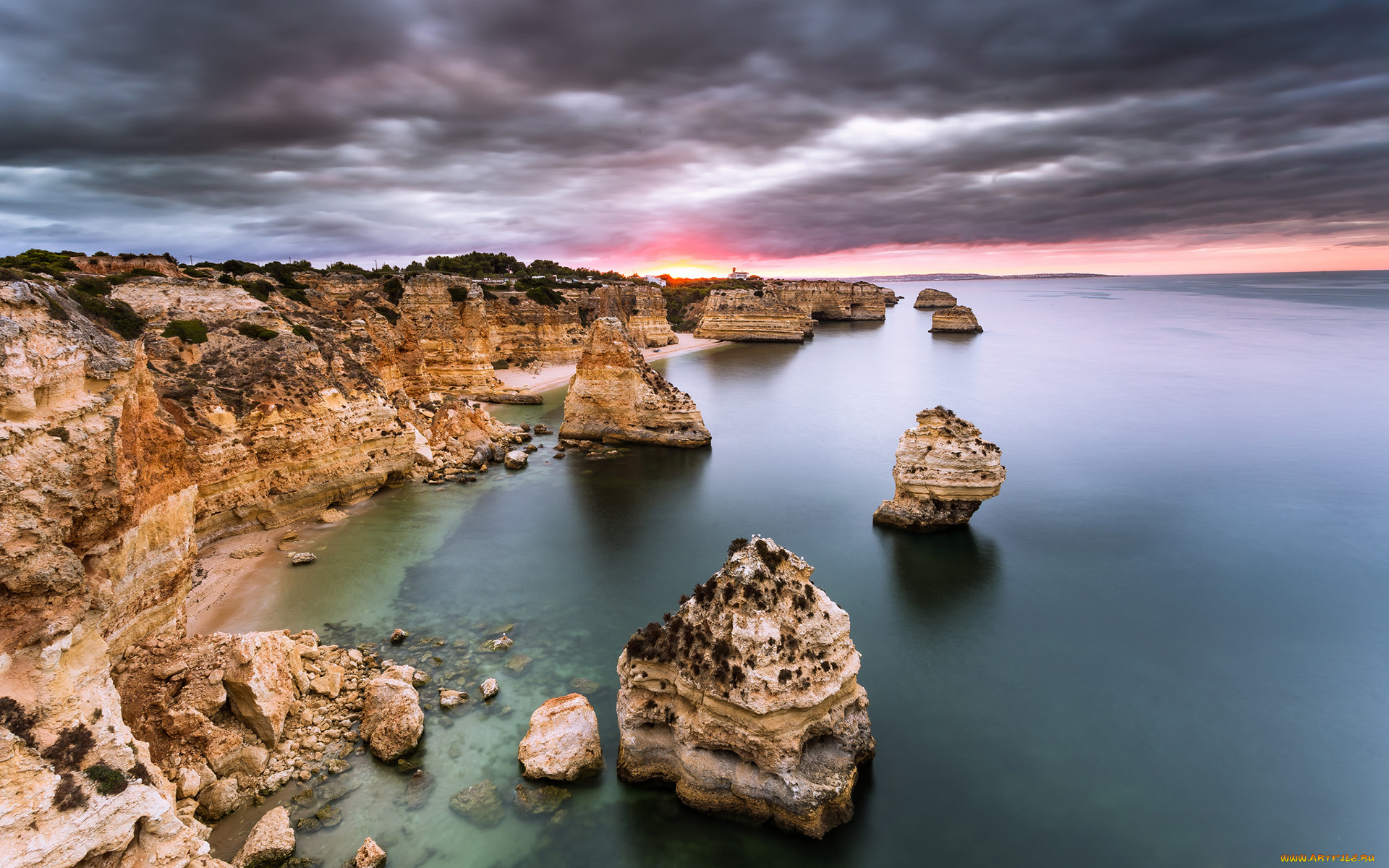 природа, побережье, sunrise, dawn, atlantic, ocean, rock, portuga, algarve