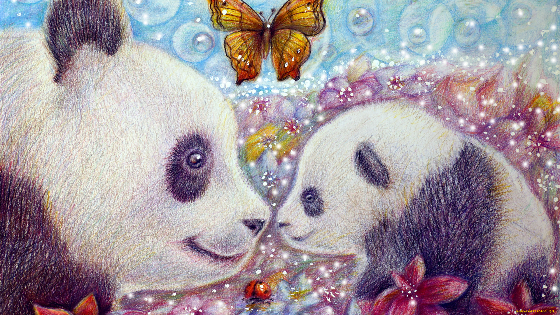 рисованное, животные, , панды, цветы, панды, бабочка