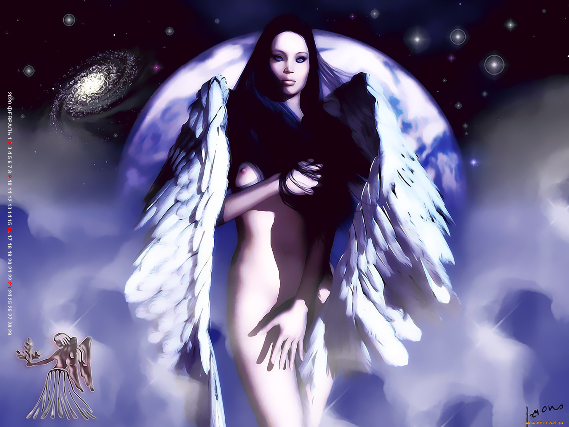календари, фэнтези, ангел, крылья, девушка, обнаженная, планета, calendar, 2020