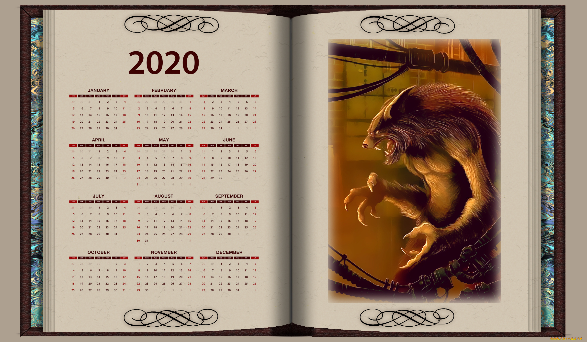 календари, фэнтези, книга, оборотень, существо, злой, calendar, 2020