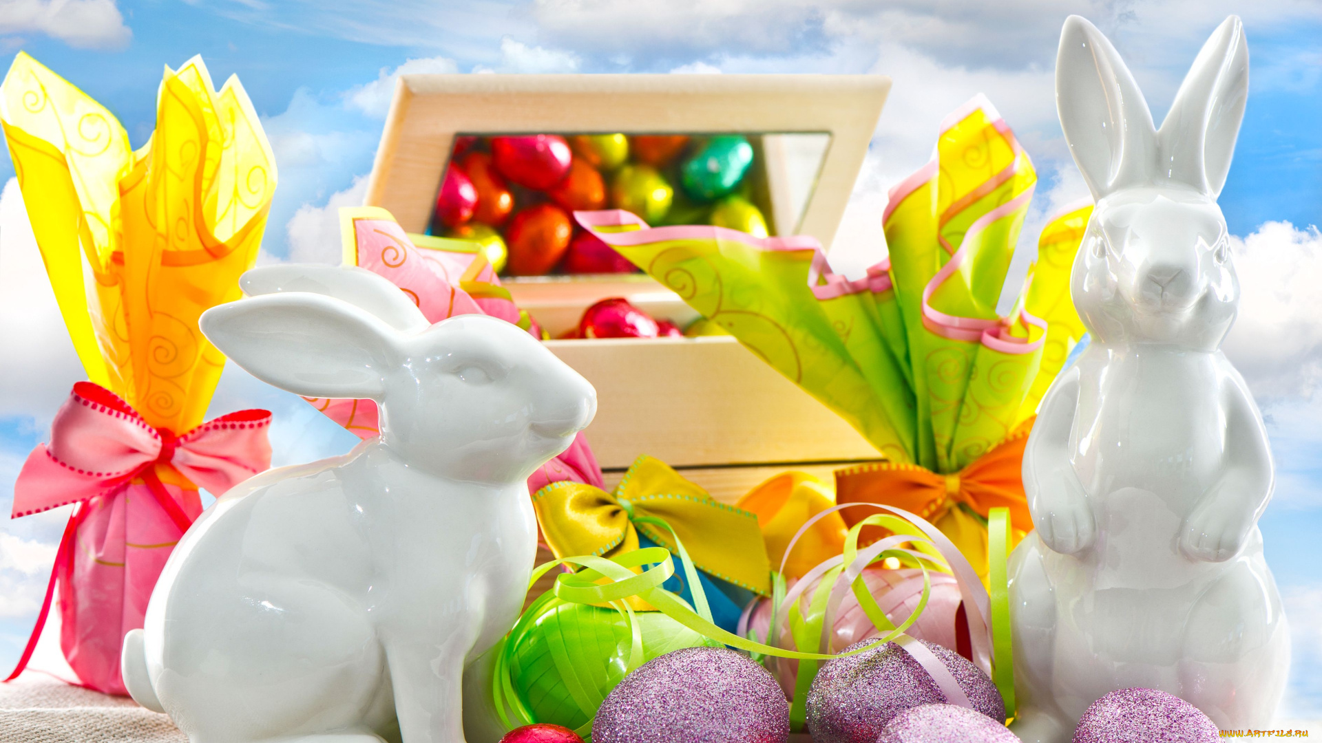 праздничные, пасха, кролики, статуэтки, подарки, тесьма, шоколад, яйца