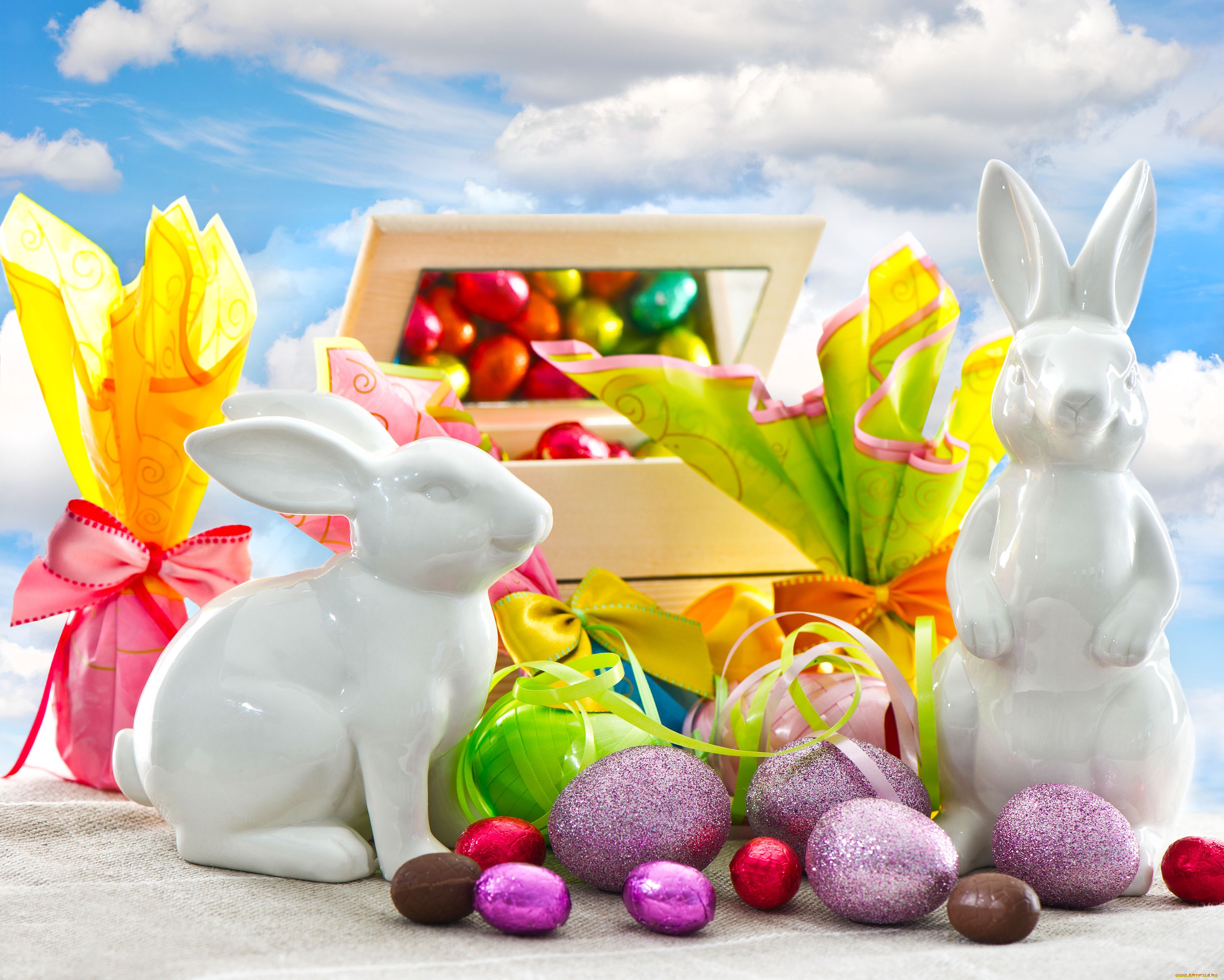 праздничные, пасха, кролики, статуэтки, подарки, тесьма, шоколад, яйца