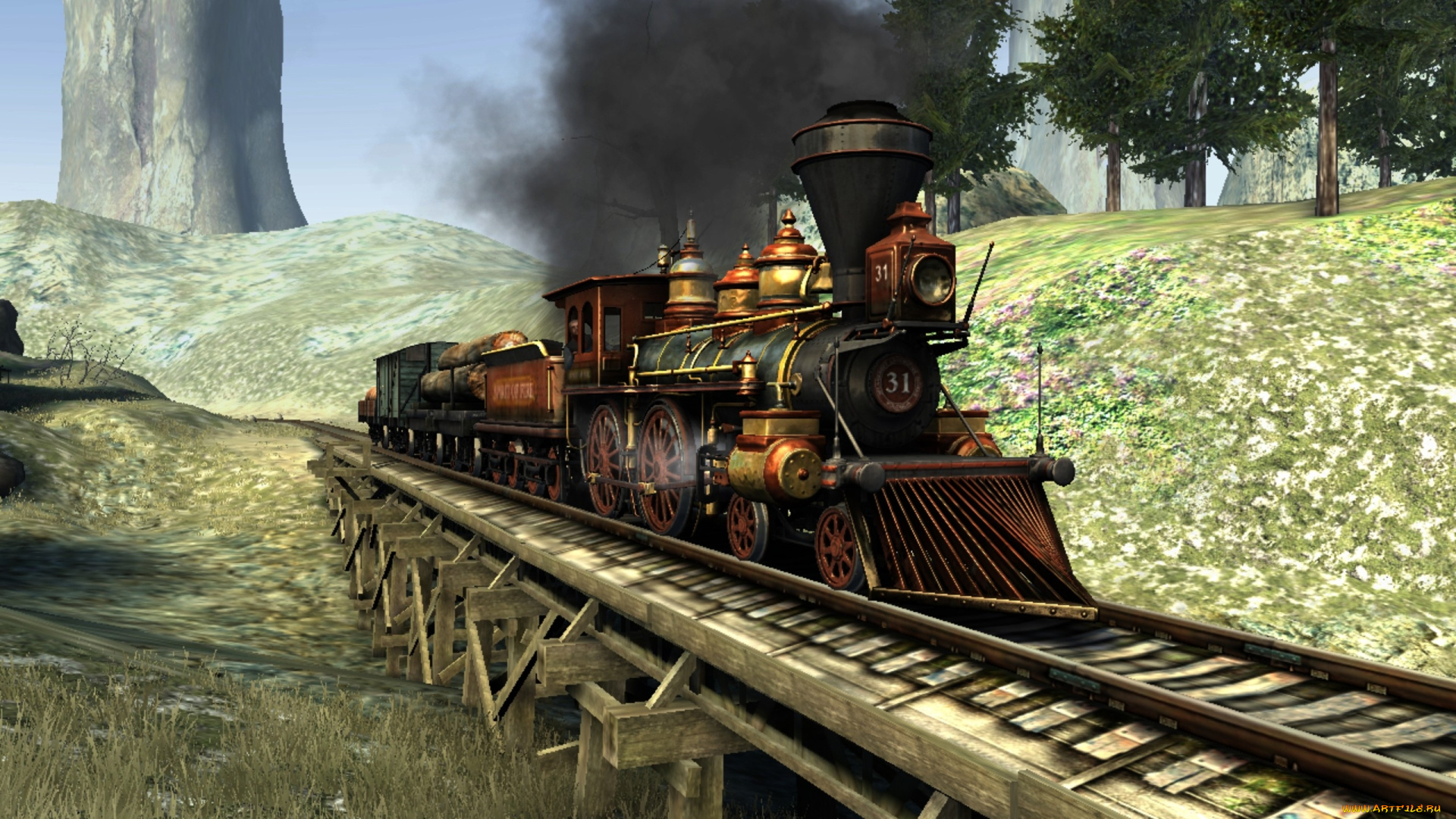 western, train, техника, паровозы, дым, холмы, гора, мост, рельсы, паровоз