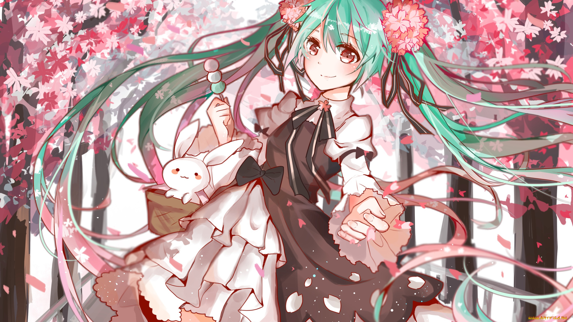 аниме, vocaloid, арт, yy58531214, hatsune, miku, цветы, кролик, платье, девушка