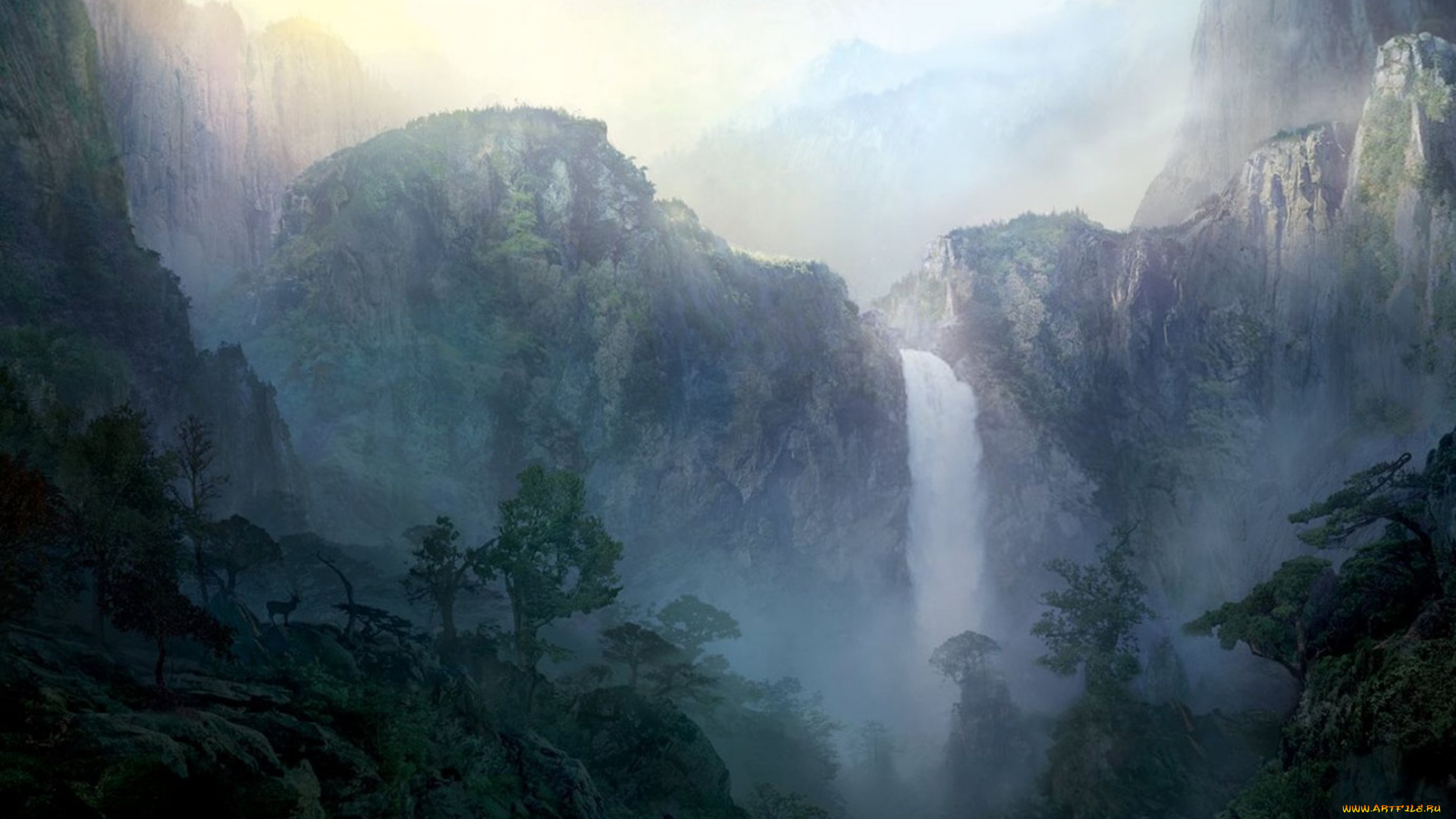 рисованное, природа, скалы, горы, водопад, деревья, джунгли, олень, туман