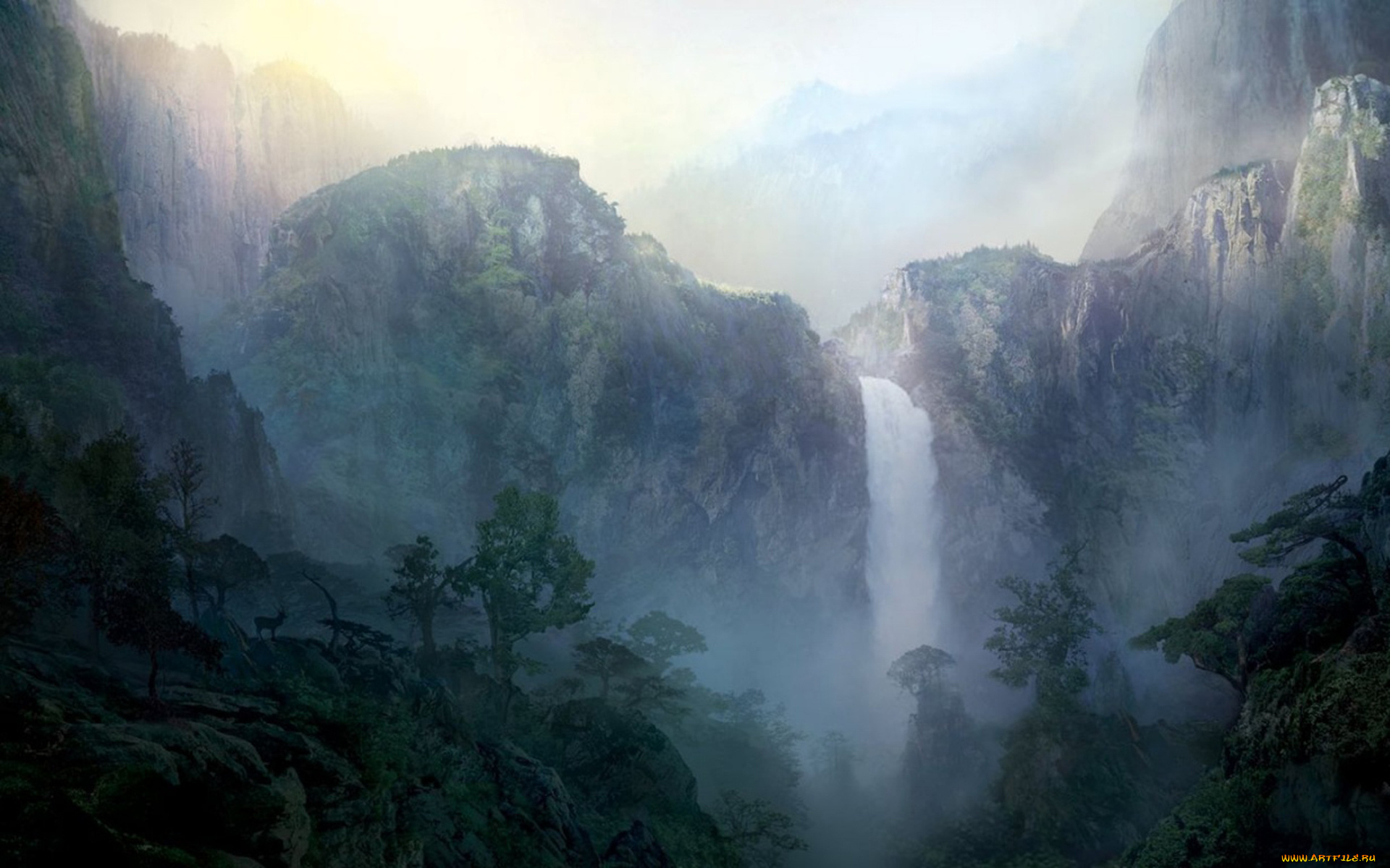 рисованное, природа, скалы, горы, водопад, деревья, джунгли, олень, туман