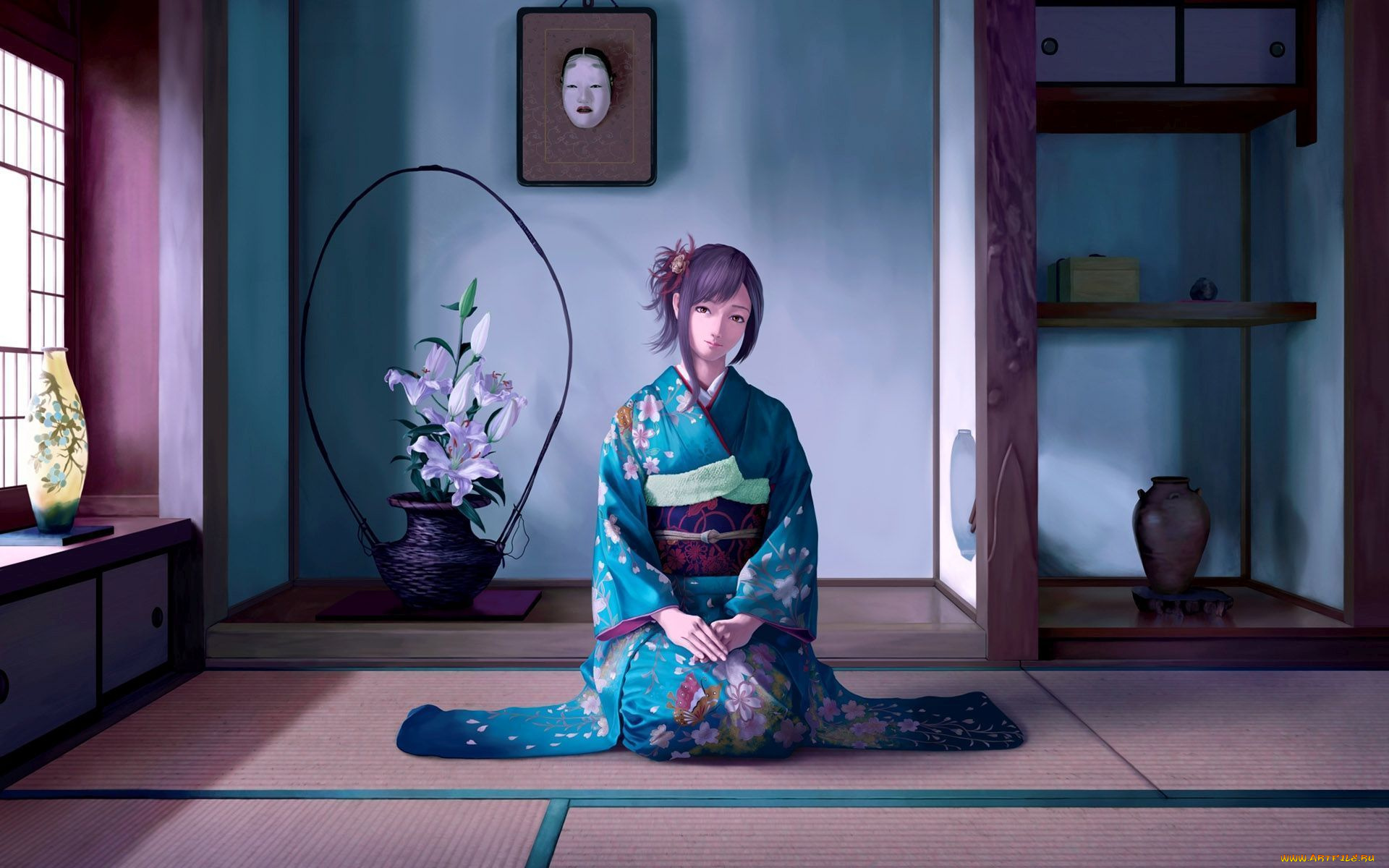 аниме, unknown, , другое, маска, лилии, ваза, geisha, татами, окно, гейша, комната, кимоно