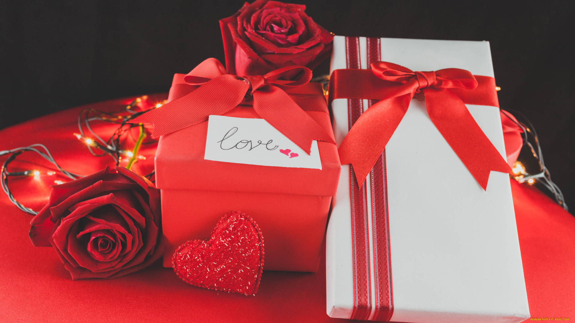 праздничные, подарки, и, коробочки, розы, коробки, сердечки, гирлянда