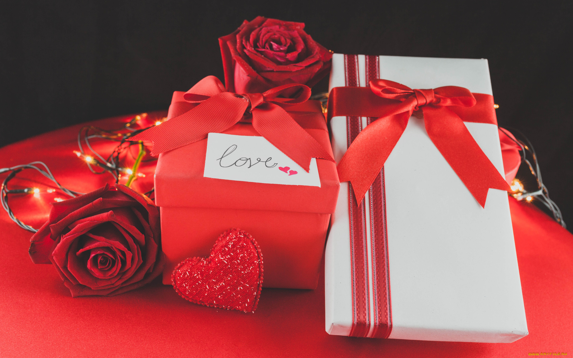 праздничные, подарки, и, коробочки, розы, коробки, сердечки, гирлянда