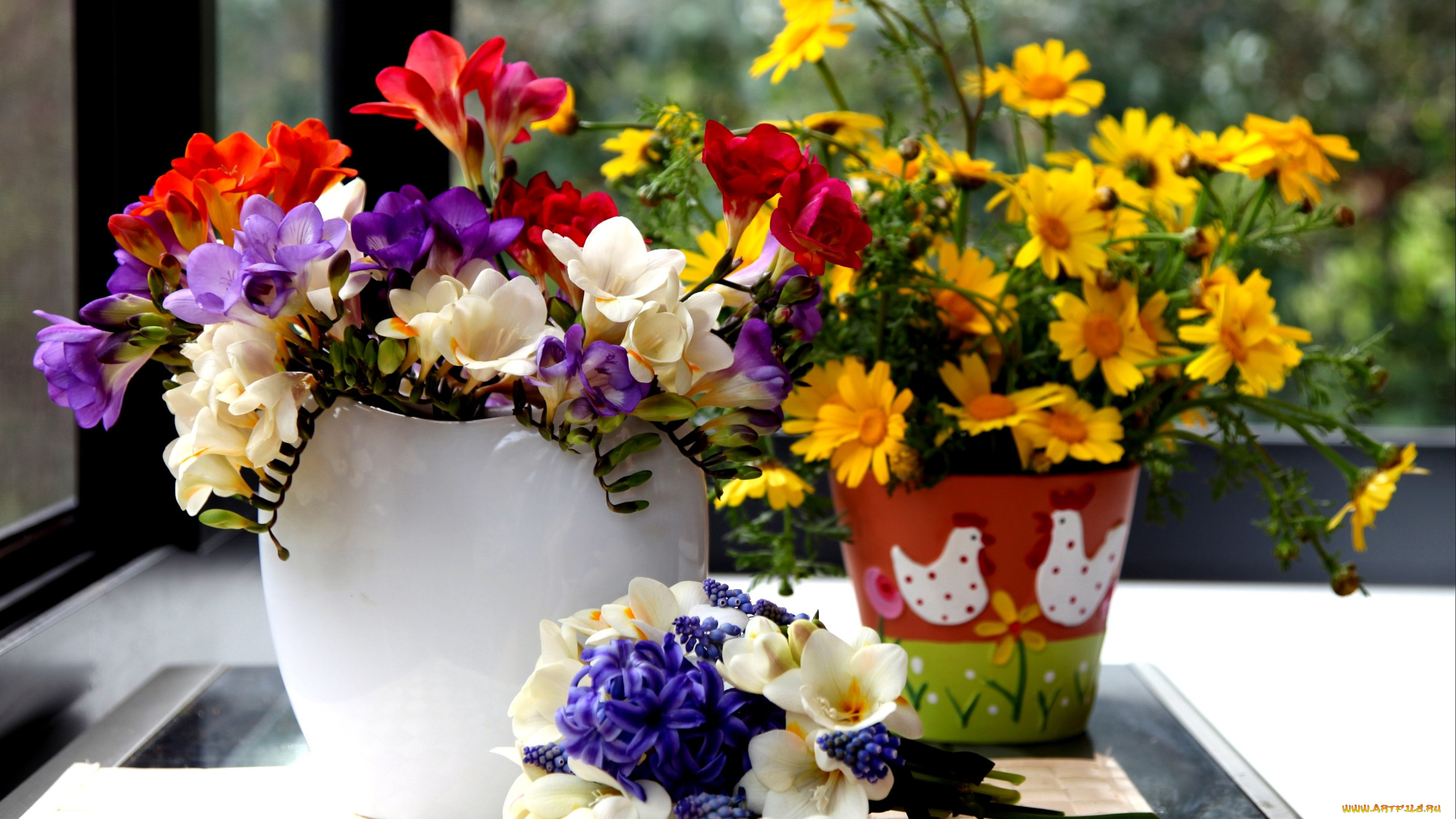 цветы, букеты, композиции, вазы, гиацинты, ромашки, фрезия