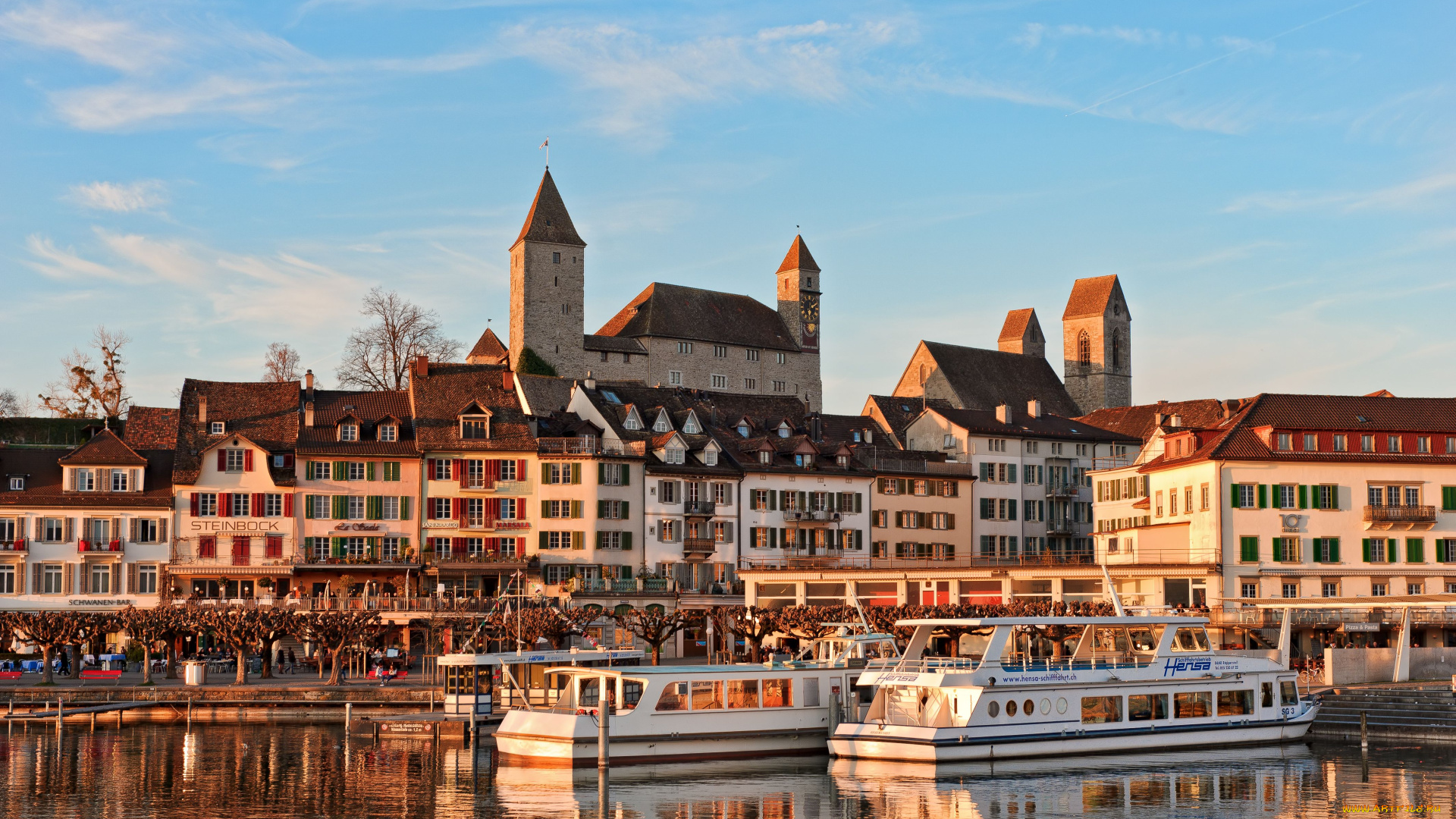 rapperswil, switzerland, города, улицы, площади, набережные, швейцария, здания, замок, набережная, река, пристань, теплоходы