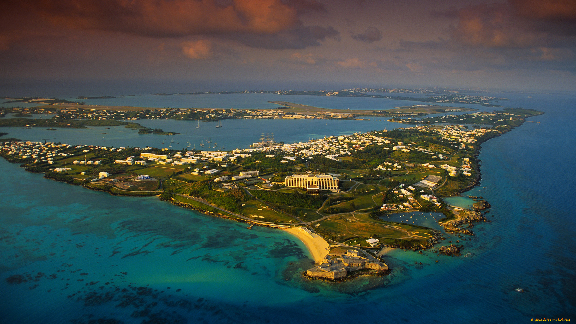 saint, george`s, island, bermuda, города, панорамы, море, берег, вода, остров, закат, город