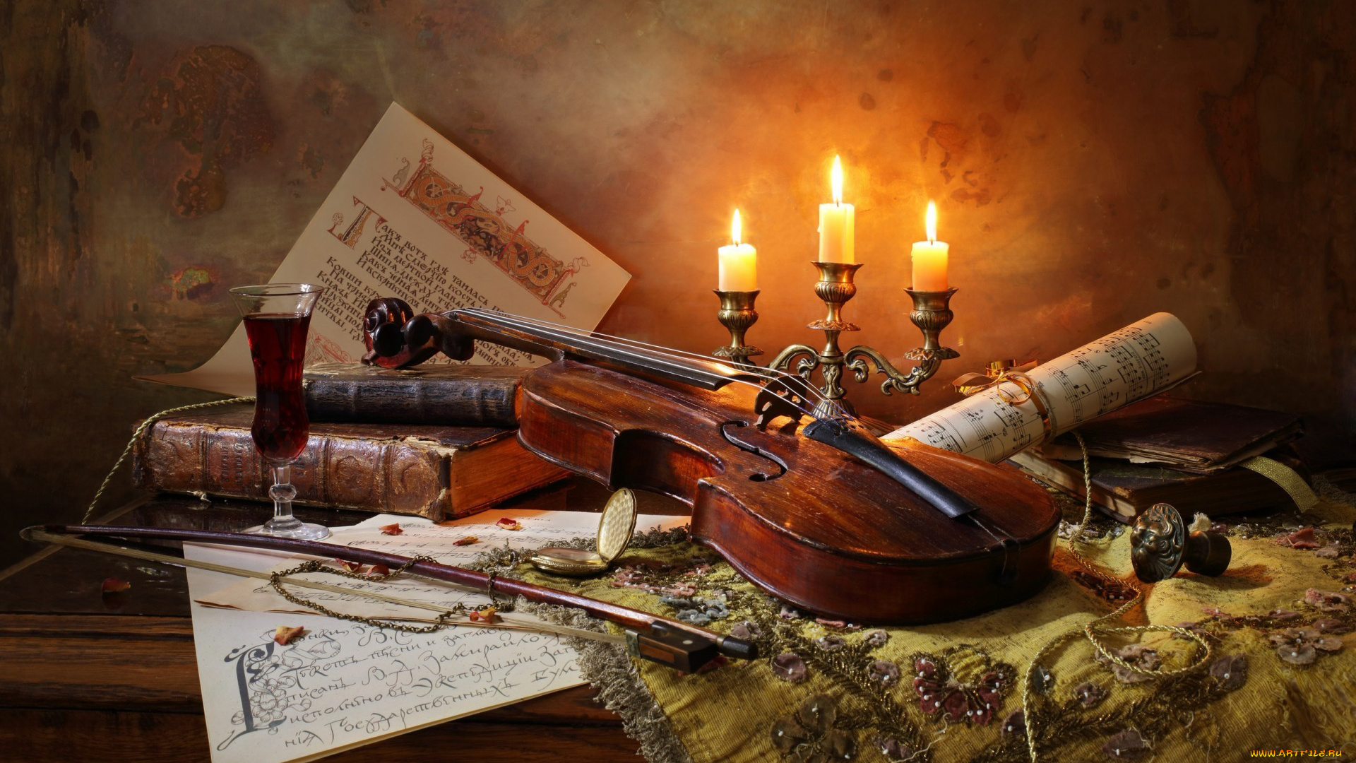 музыка, -музыкальные, инструменты, бокал, ноты, вино, скрипка, книги, свечи