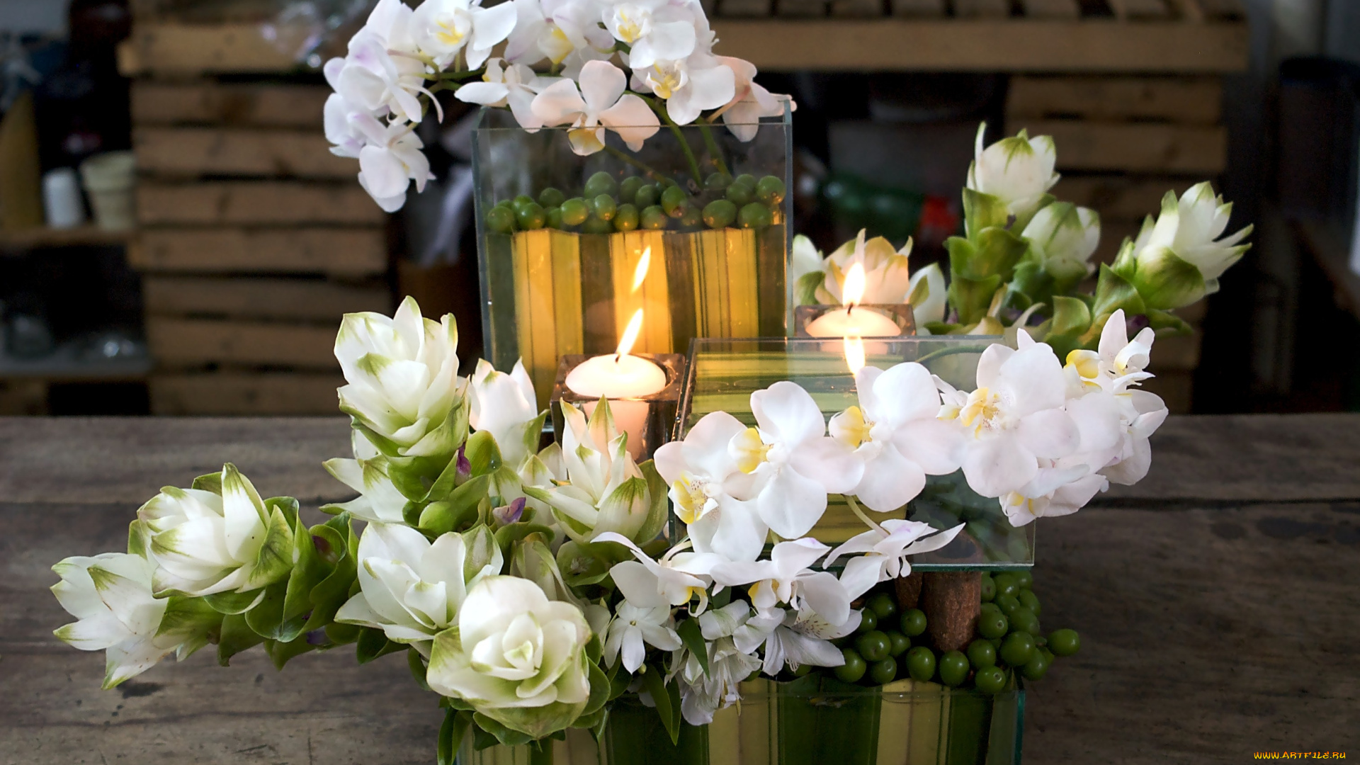 цветы, букеты, композиции, белый, орхидеи, свечи