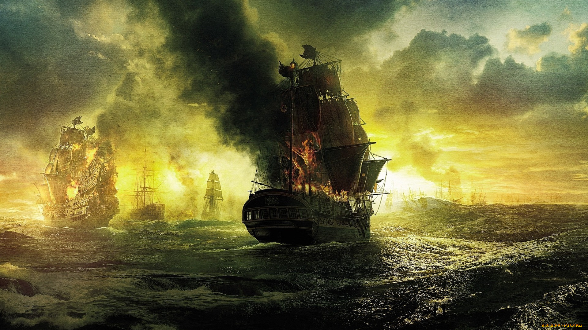 pirates, ship, on, fire, кино, фильмы, of, the, caribbean, stranger, tides, бой, морской, пират, парусник, корабль