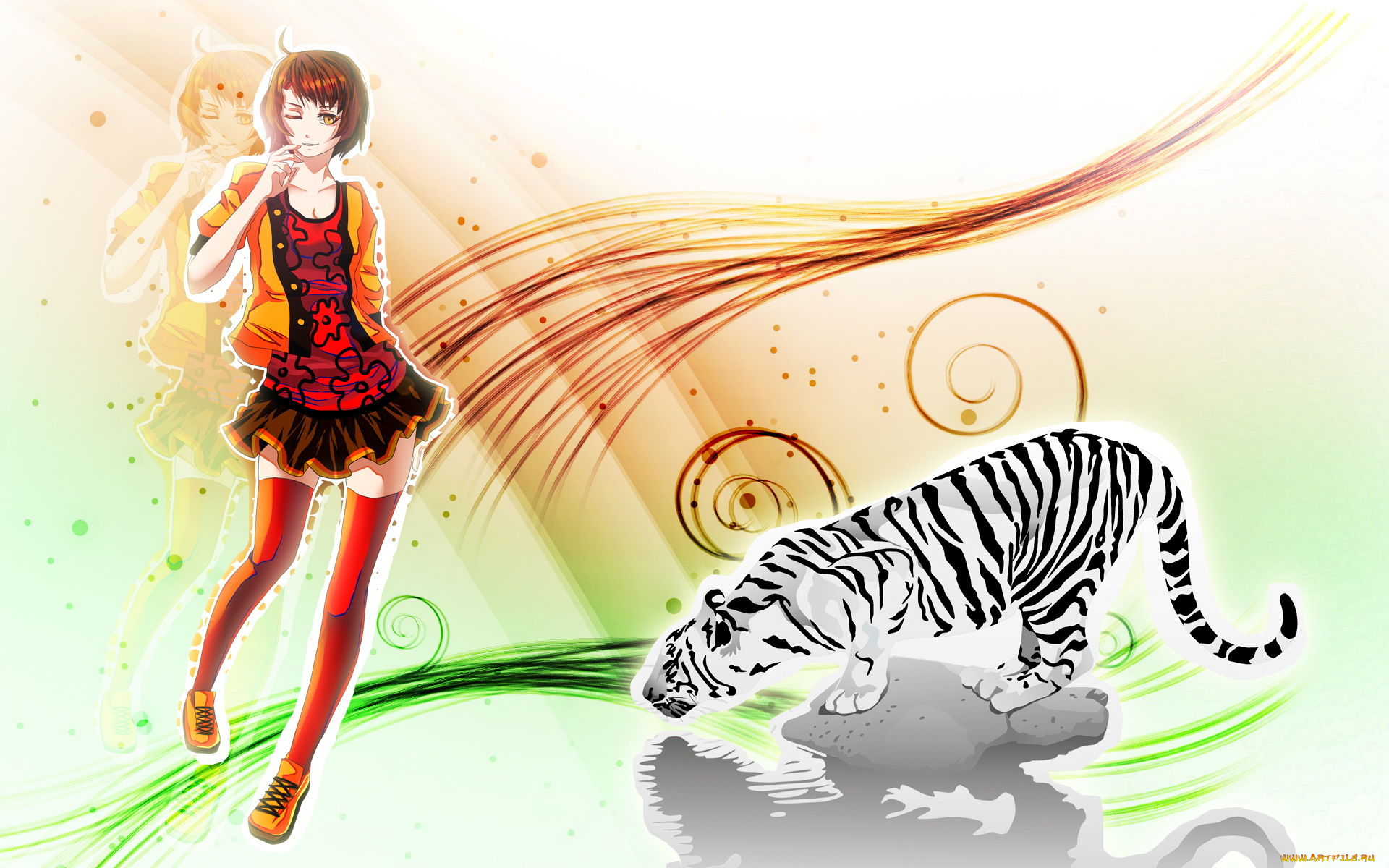 аниме, animals, тигр, девушка