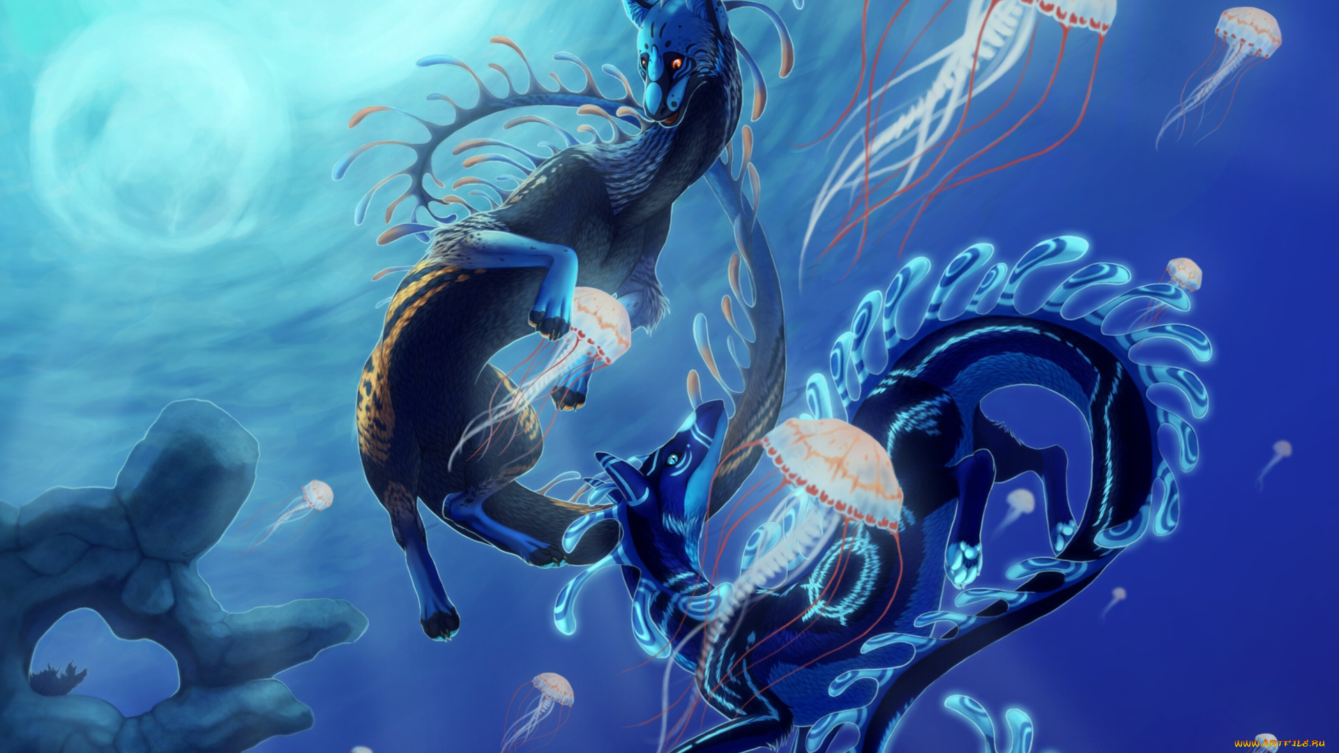 фэнтези, существа, подводный, мир, медузы, рыбы