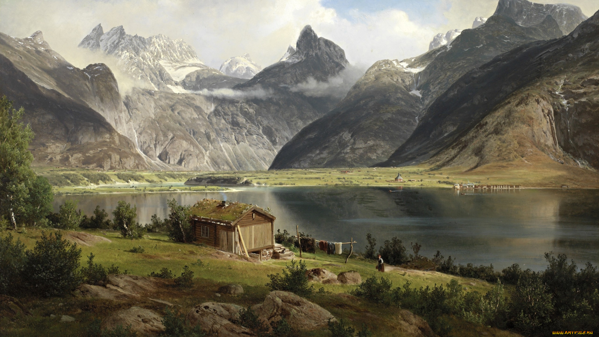 рисованные, живопись, горы, озеро, дом