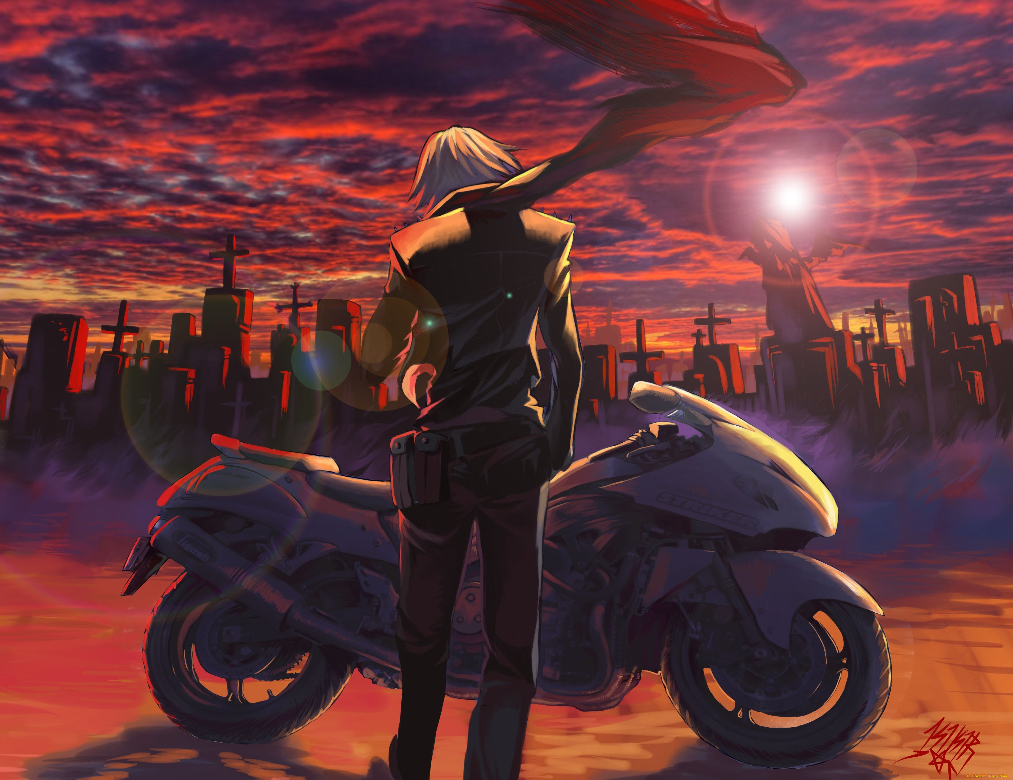 аниме, -weapon, , blood, &, technology, мотоцикл, парень, kikira, арт, кладбище, облака, небо, шарф, закат, солнце, кресты