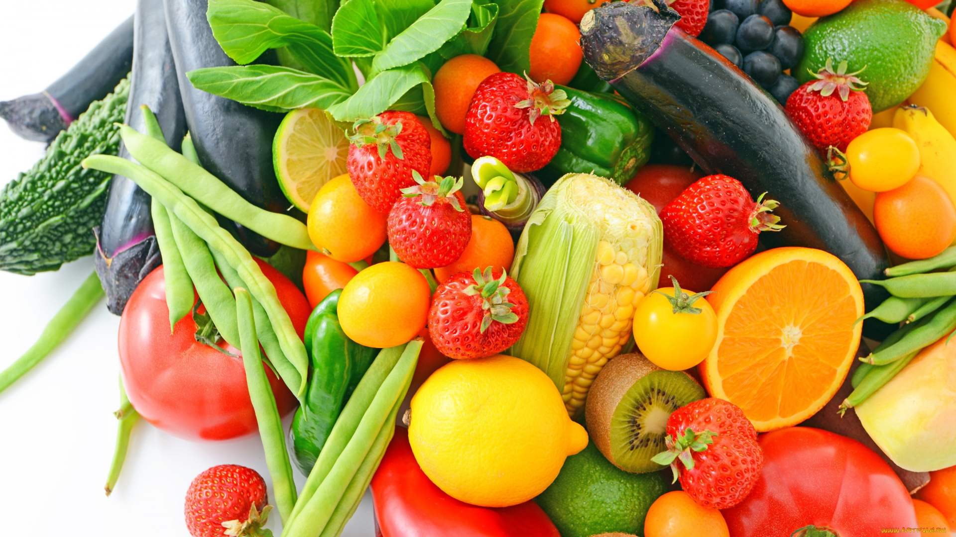 еда, фрукты, и, овощи, вместе, fresh, апельсин, ягоды, овощи, фрукты, киви, клубника, баклажан, кукуруза, лимоны, berries, fruits, vegetables