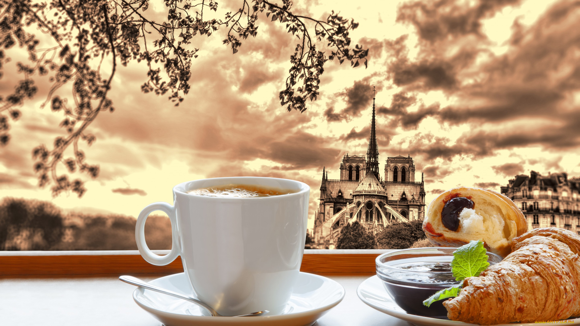 еда, кофе, , кофейные, зёрна, croissant, cup, coffee, breakfast, пейзаж, круассан, завтрак, cathedral, notre, dame, france, paris, париж, джем