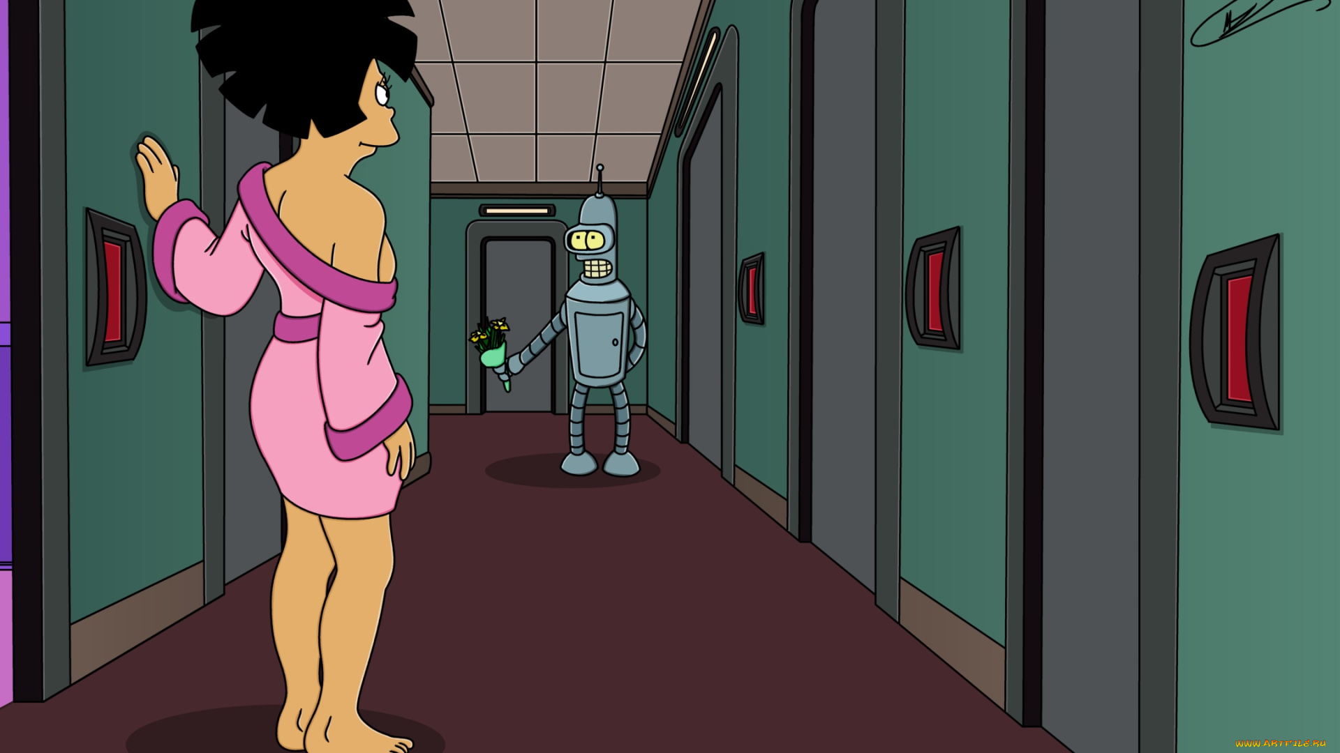 мультфильмы, futurama, цветы, коридор, робот