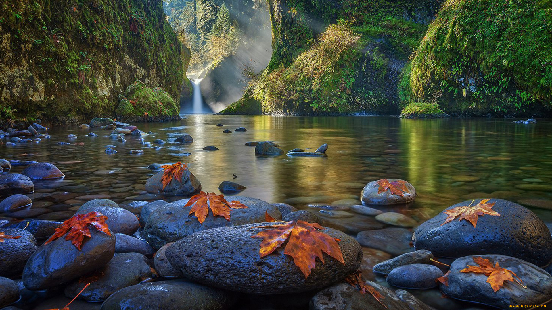 природа, водопады, камни, лес, озеро, горы, листья, деревья, вода