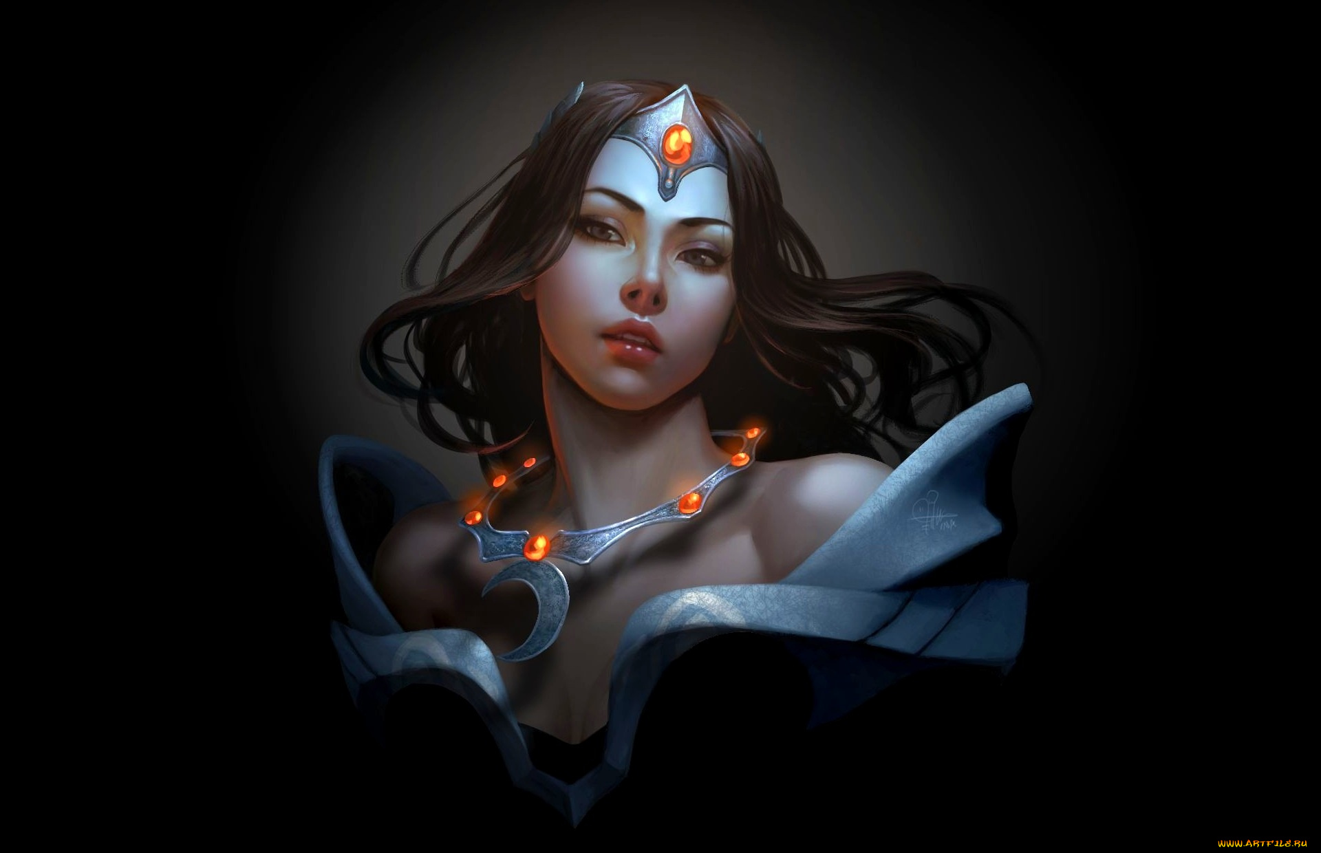 видео, игры, dota, 2, арт, чёрный, фон, ожерелье, девушка, princess, of, the, moon, mirana, dota, 2