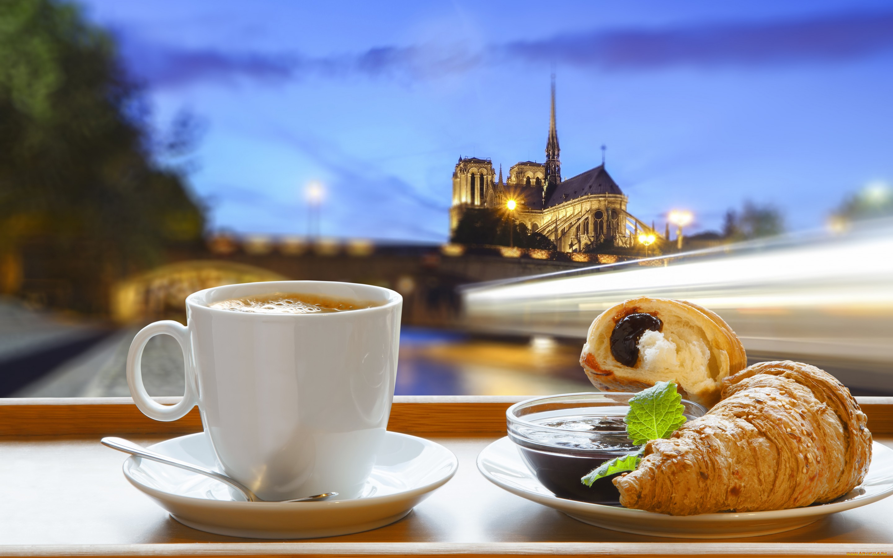 еда, кофе, , кофейные, зёрна, париж, джем, круассан, завтрак, cathedral, notre, dame, город, croissant, cup, coffee, breakfast, france, paris