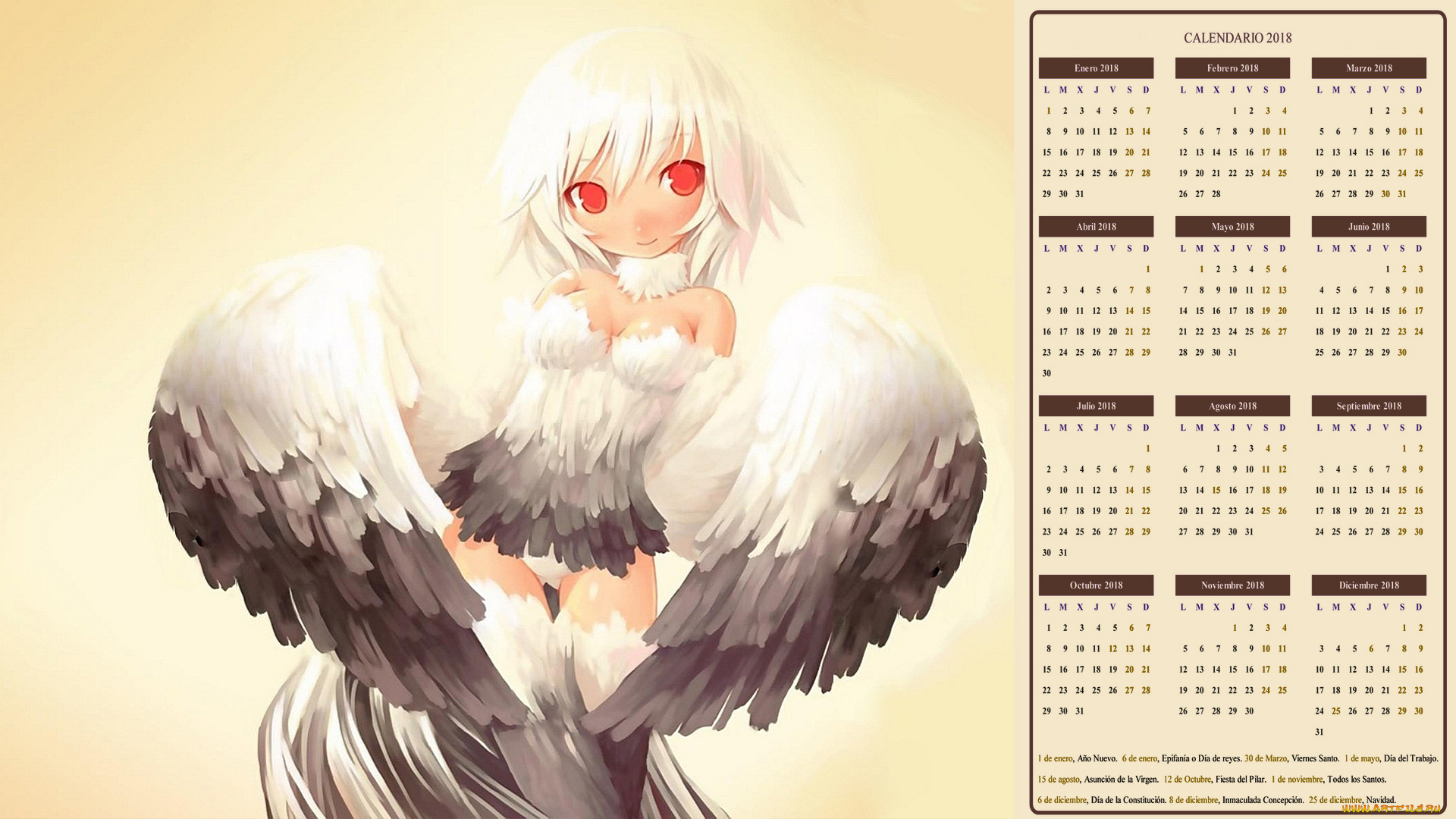 календари, аниме, взгляд, девушка, крылья
