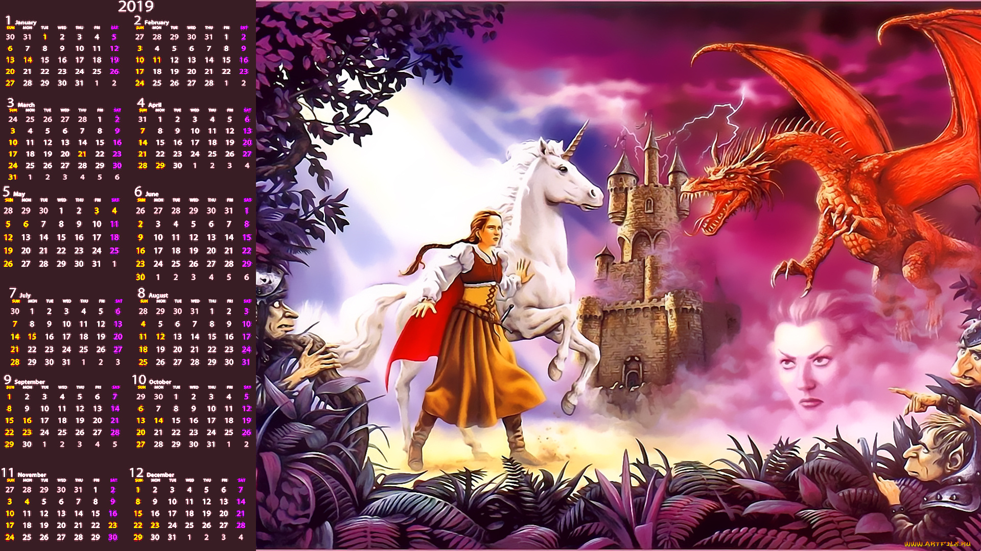 календари, фэнтези, девушка, конь, дракон, замок, белый, лошадь