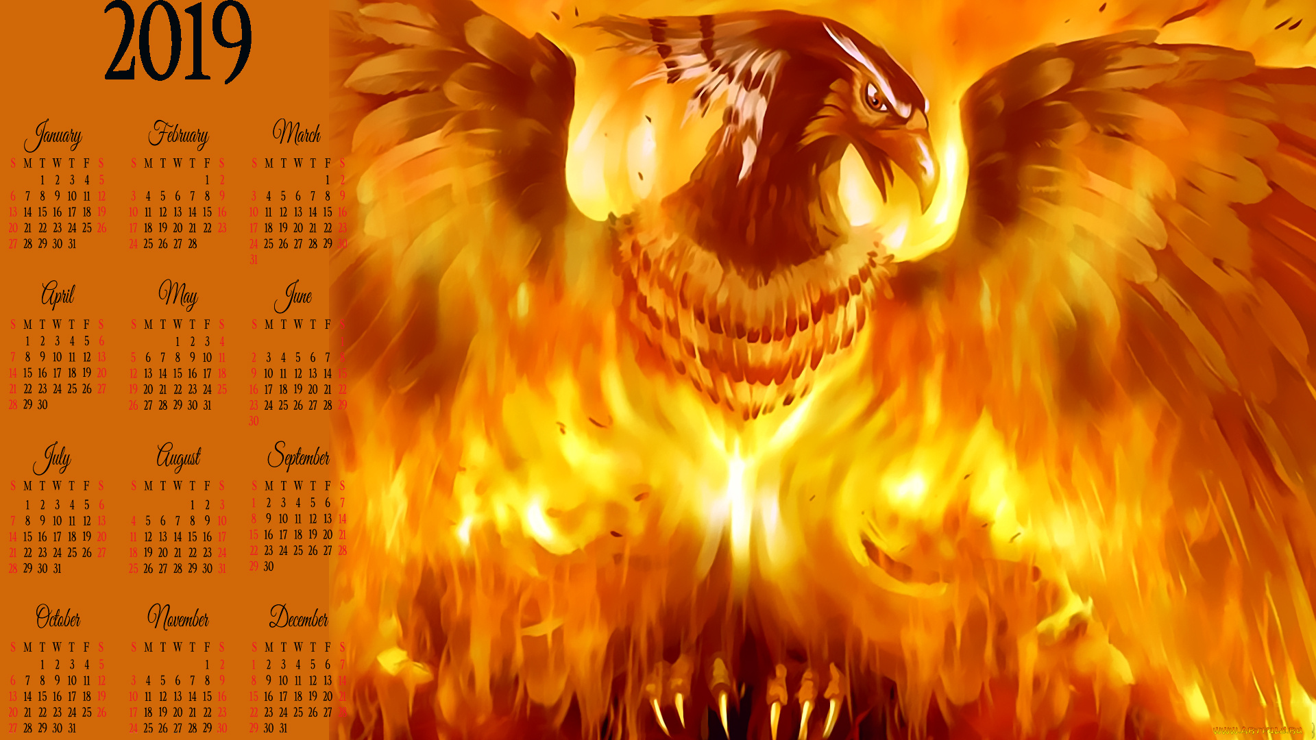 календари, фэнтези, пламя, птица