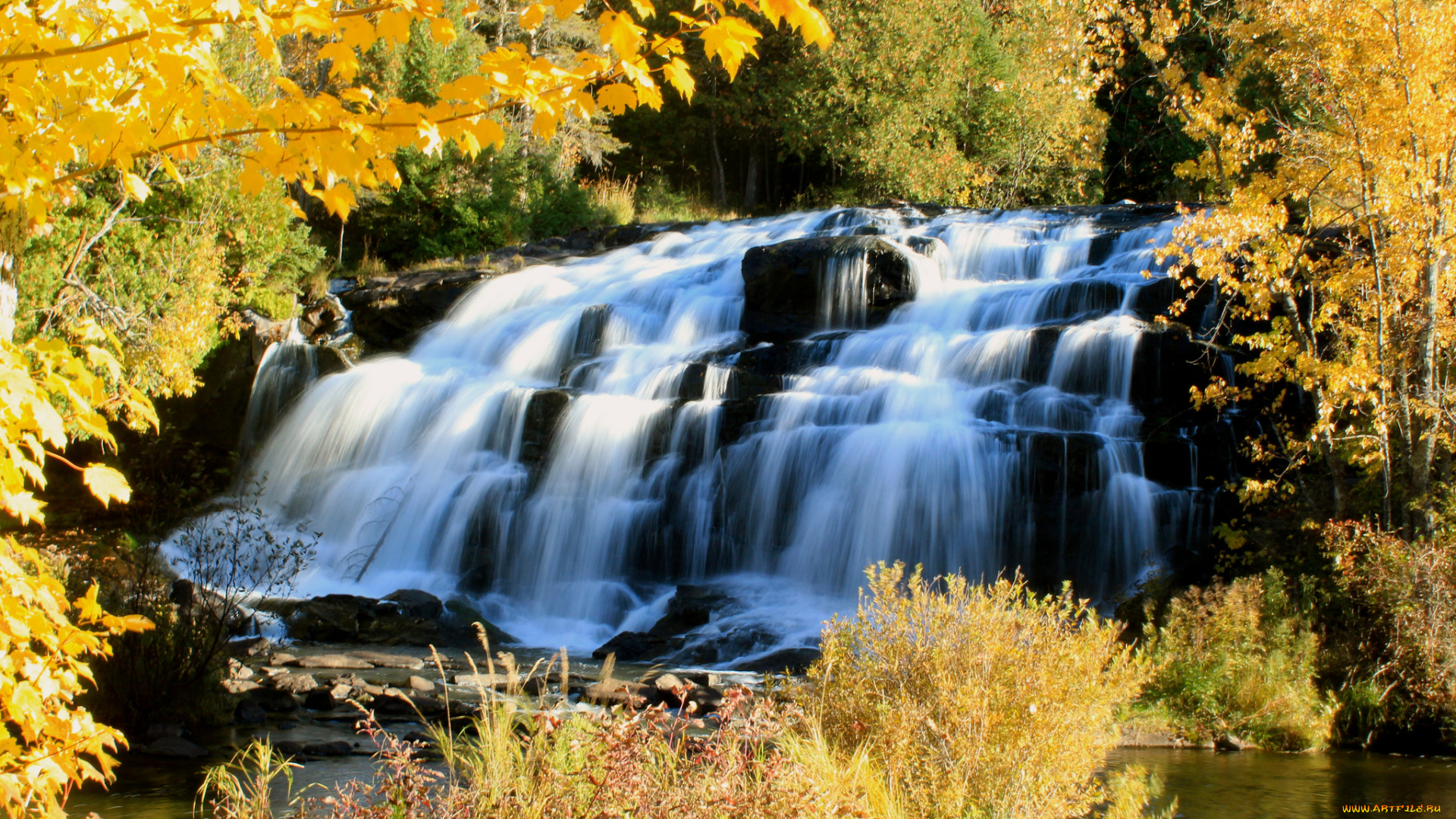 bond, falls, michigan, природа, водопады, осень, каскад, деревья