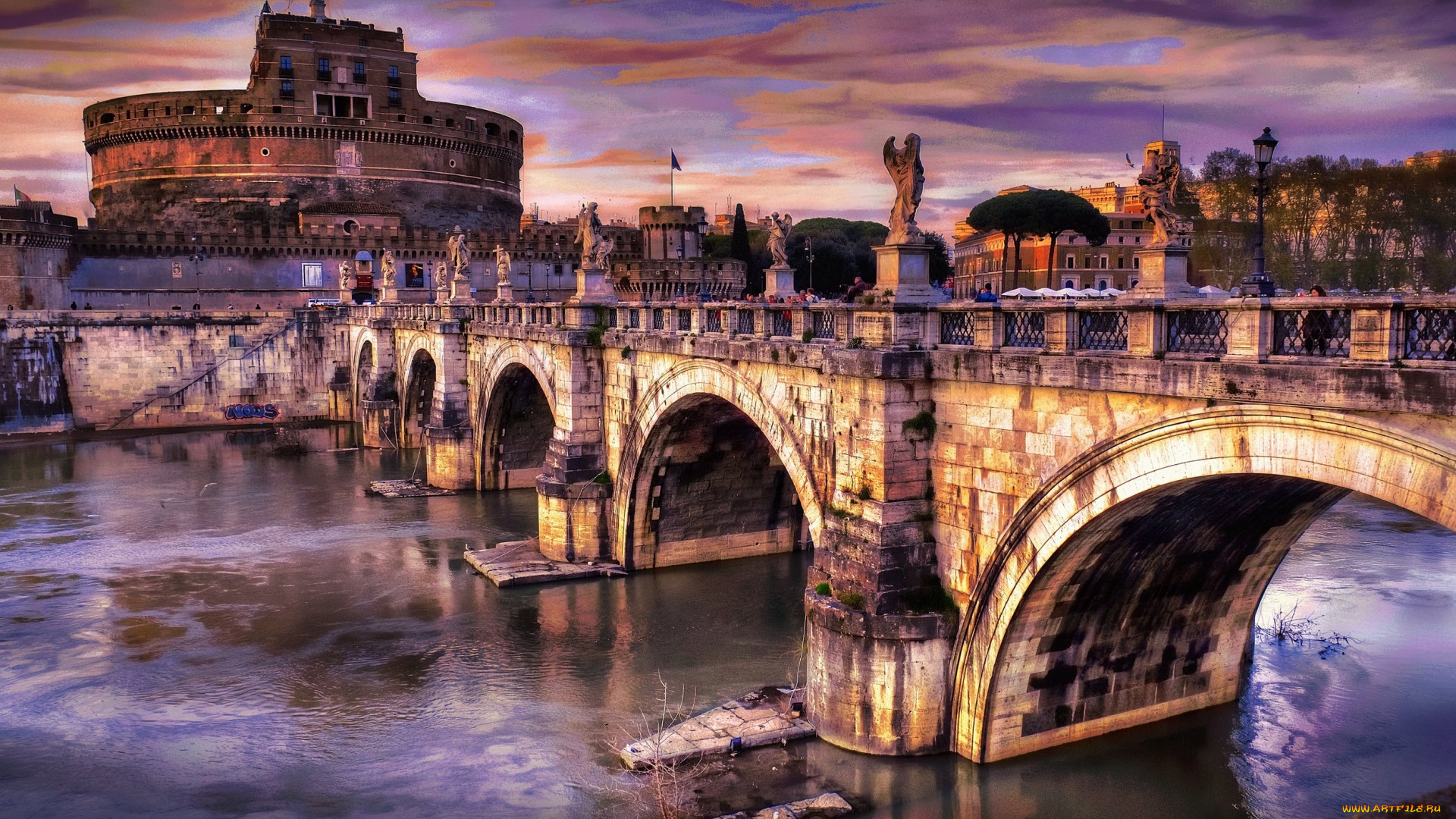 castel, sant`, angelo, rome, города, рим, ватикан, италия, вечер, город, река, мост, тучи