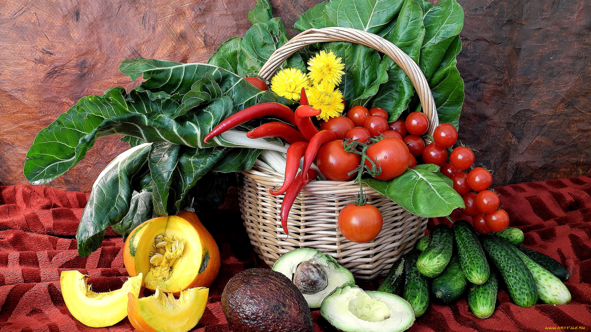 еда, овощи, огурцы, чили, помидоры, салат, авокадо, одуванчики, тыква