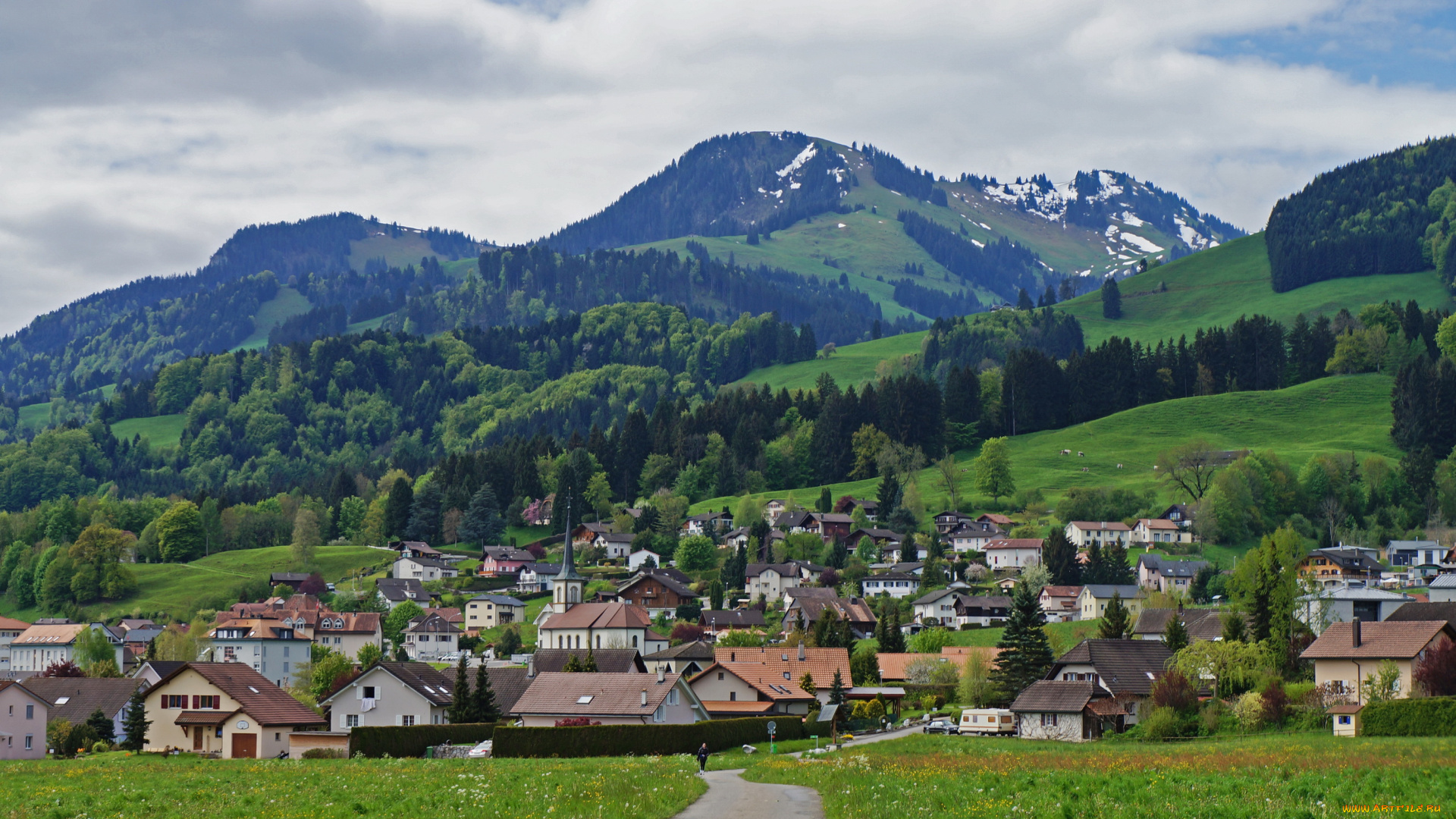 gruyere, switzerland, города, панорамы, дома, горы