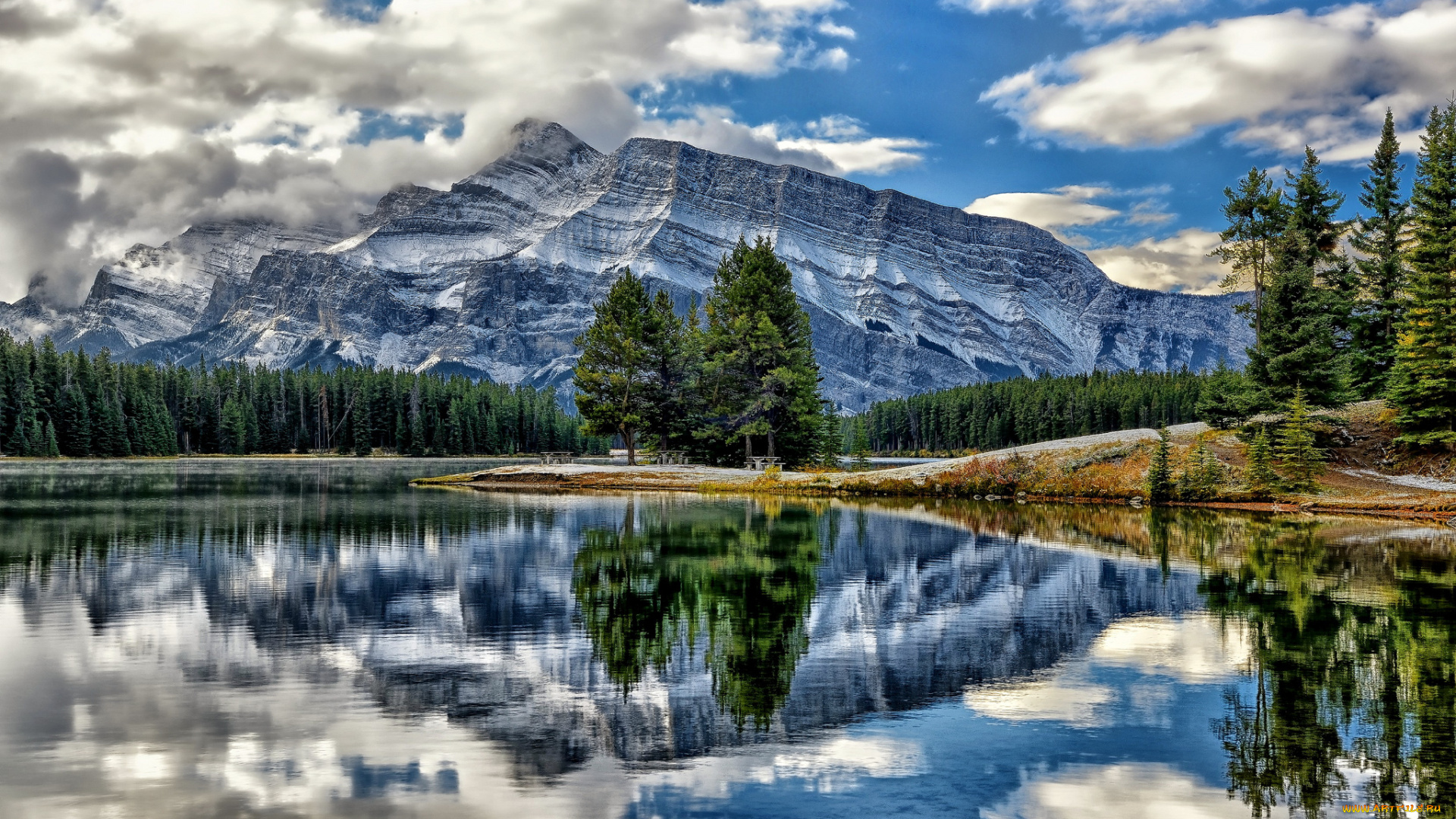 mount, rundle, vermillion, lakes, banff, national, park, alberta, canada, природа, реки, озера, банф, деревья, отражение, горы, озеро