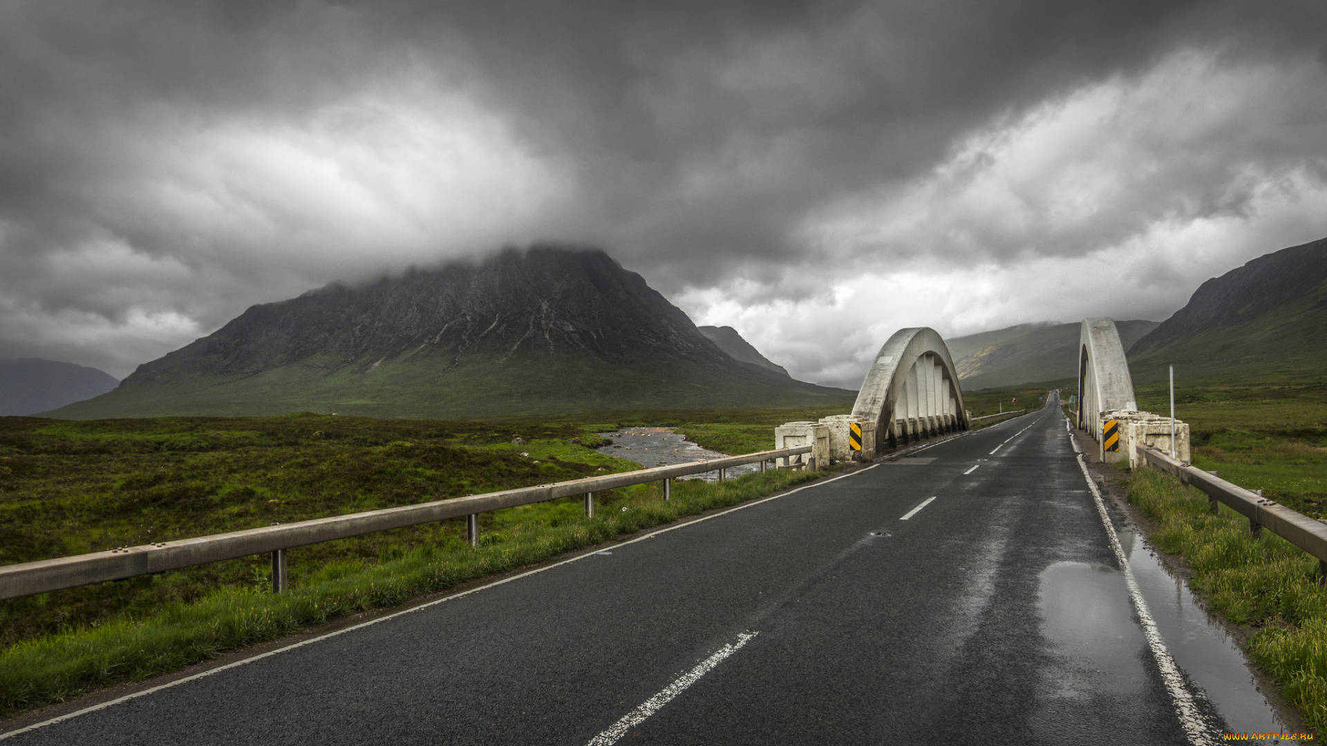 scotland, природа, дороги, шотландия, горы, мост, тучи