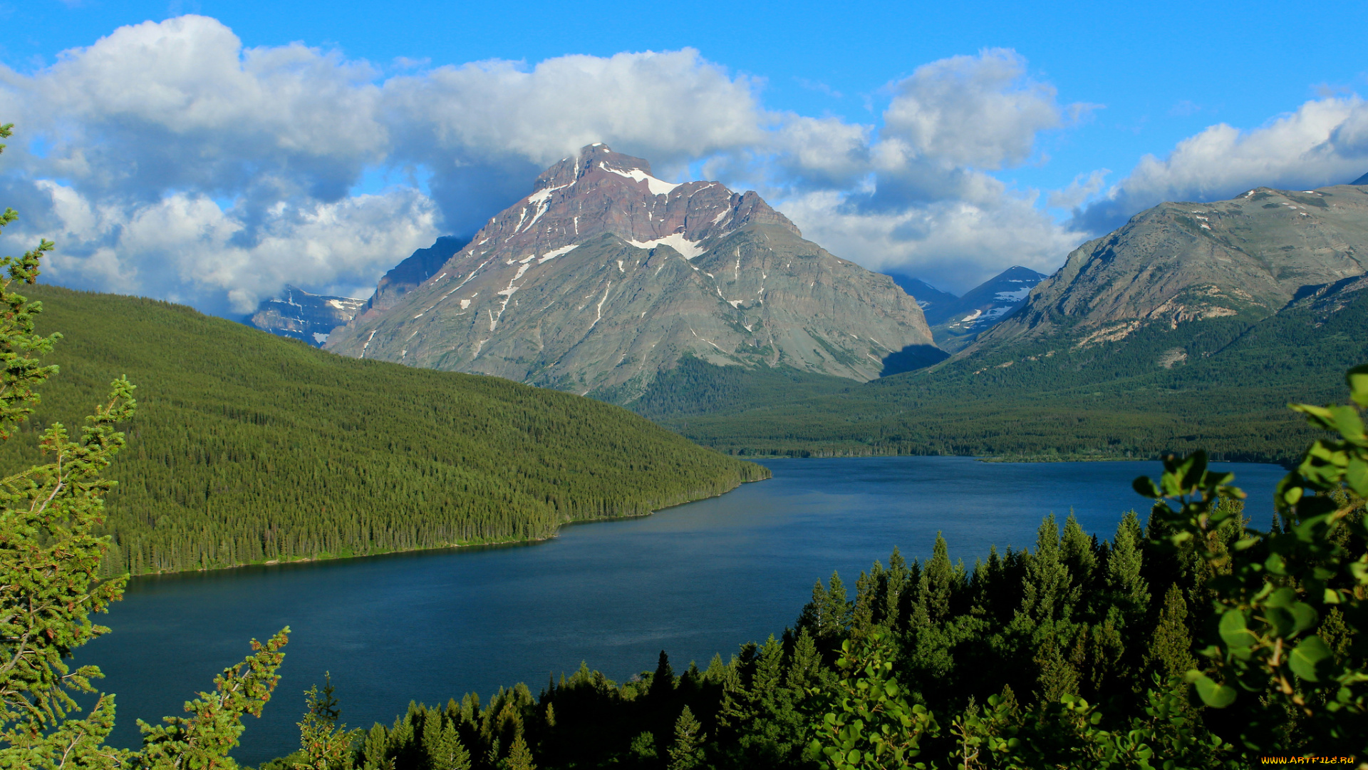 two, medicine, lake, glacier, national, park, montana, природа, реки, озера, горы, озеро, монтана, национальный, парк, глейшер, лес