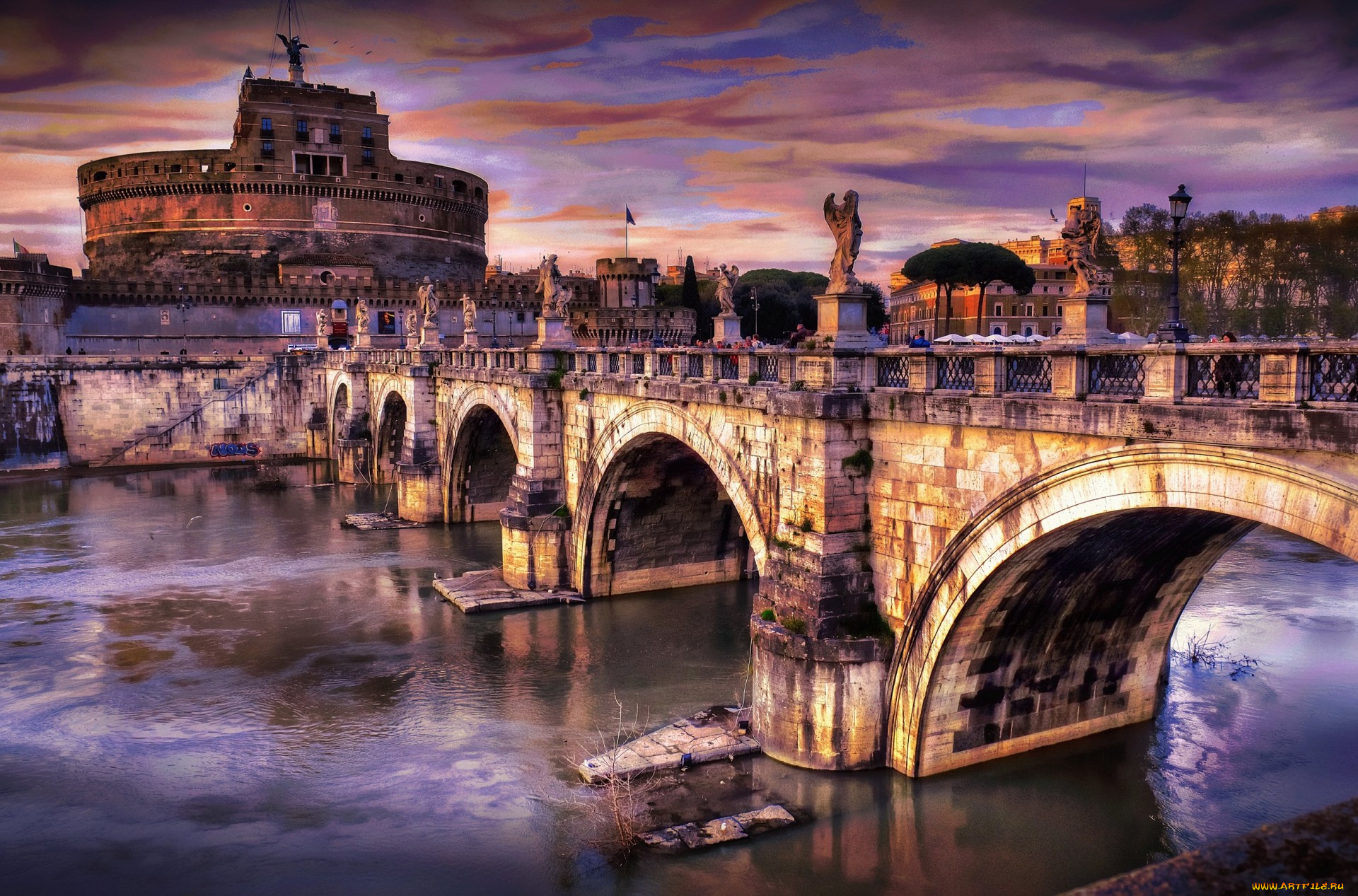 castel, sant`, angelo, rome, города, рим, ватикан, италия, вечер, город, река, мост, тучи