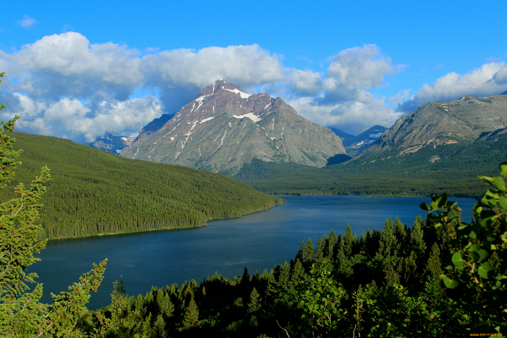 two, medicine, lake, glacier, national, park, montana, природа, реки, озера, горы, озеро, монтана, национальный, парк, глейшер, лес